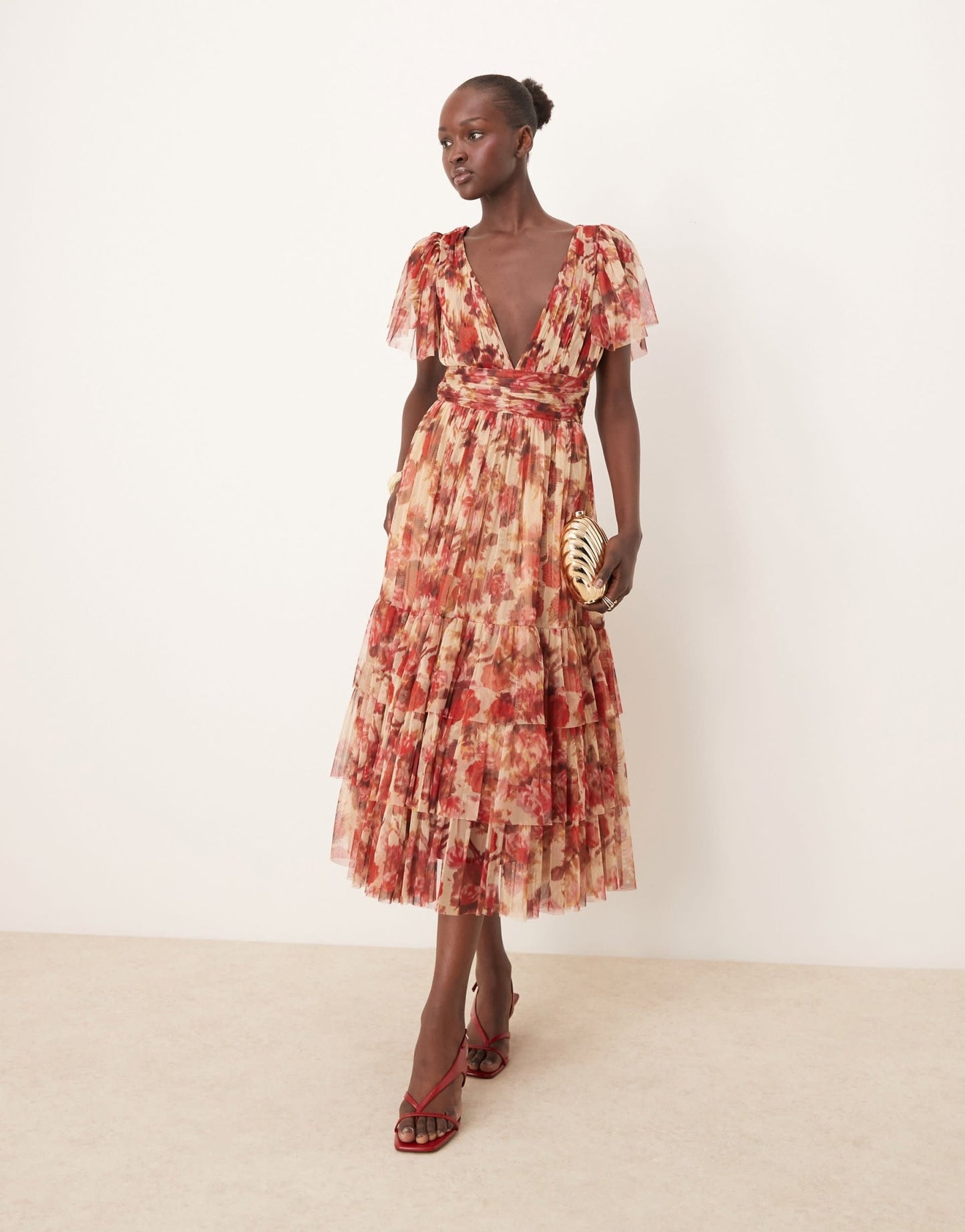 Lace & Beads Bridesmaid Madison v neck tulle midi dress in rose floral - ASOS Sample Sale