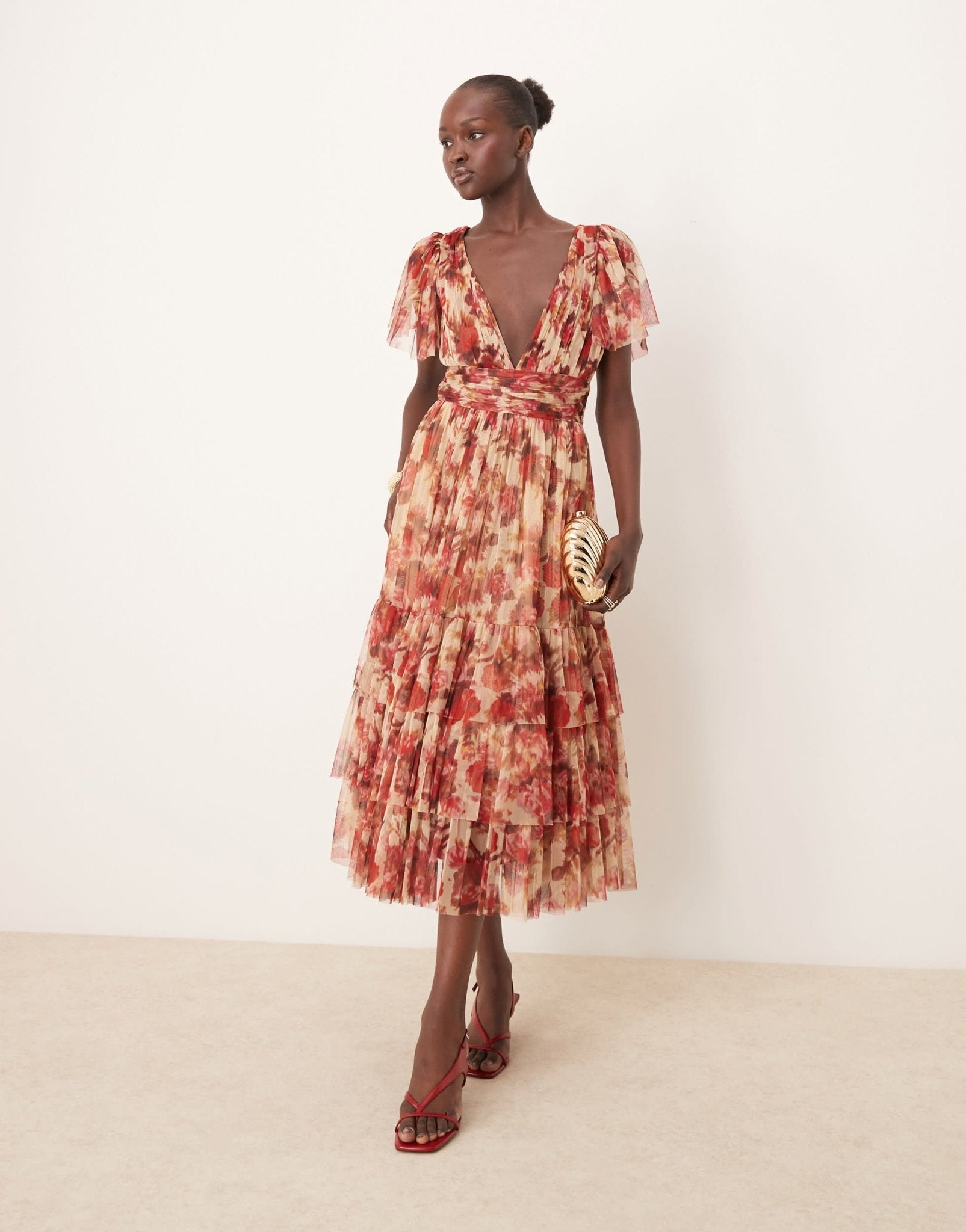 Lace & Beads Bridesmaid Madison v neck tulle midi dress in rose floral - ASOS Sample Sale