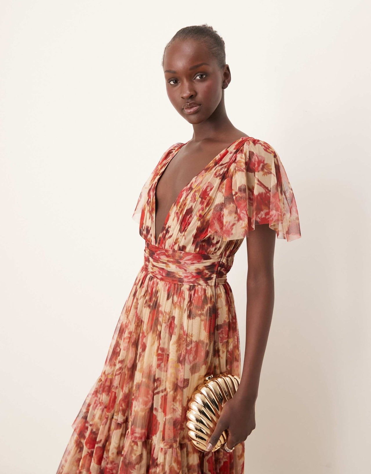 Lace & Beads Bridesmaid Madison v neck tulle midi dress in rose floral - ASOS Sample Sale