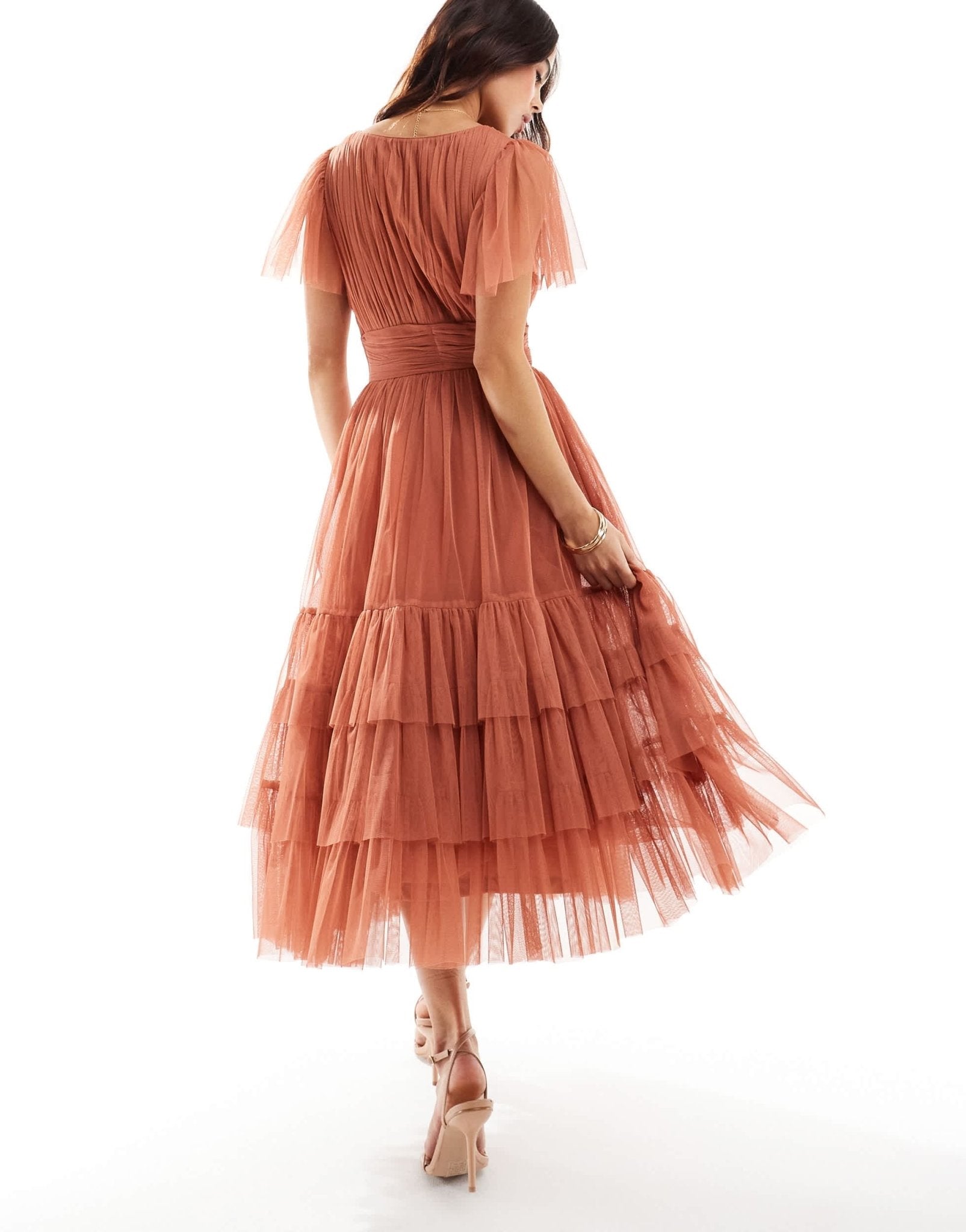 Lace & Beads Bridesmaid Madison v neck tulle midi dress in terracotta rose - ASOS Sample Sale