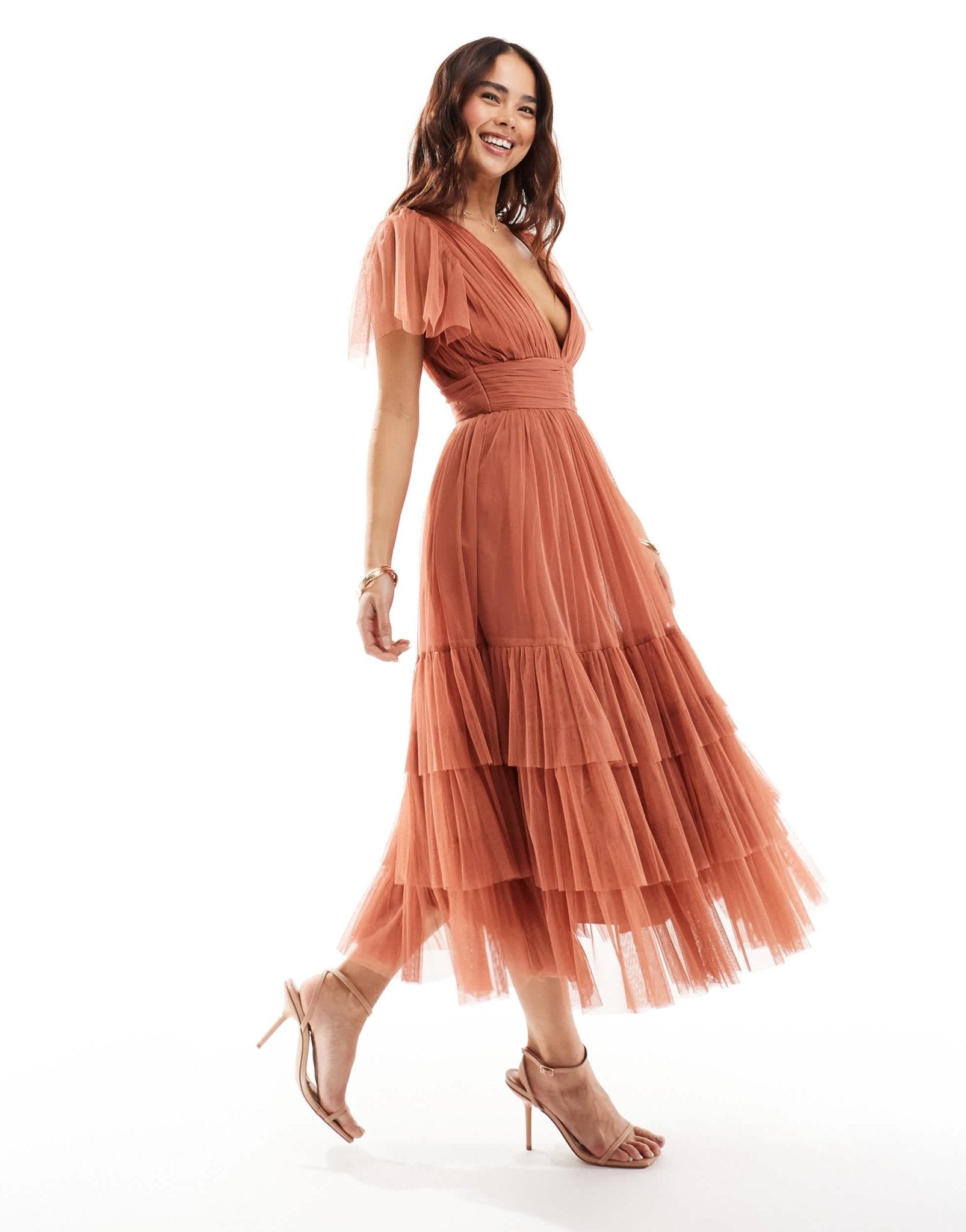 Lace & Beads Bridesmaid Madison v neck tulle midi dress in terracotta rose - ASOS Sample Sale