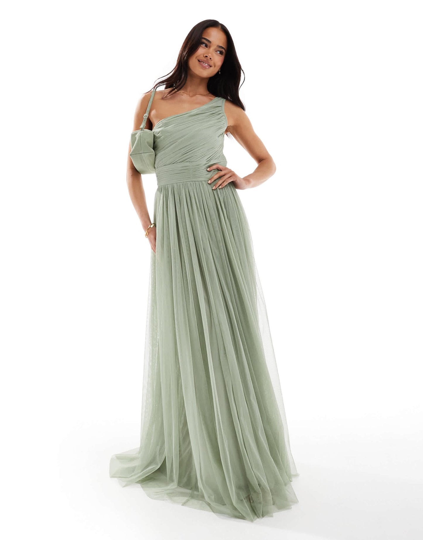 Lace & Beads Bridesmaid one shoulder maxi dress in dusty sage - ASOS Sample Sale
