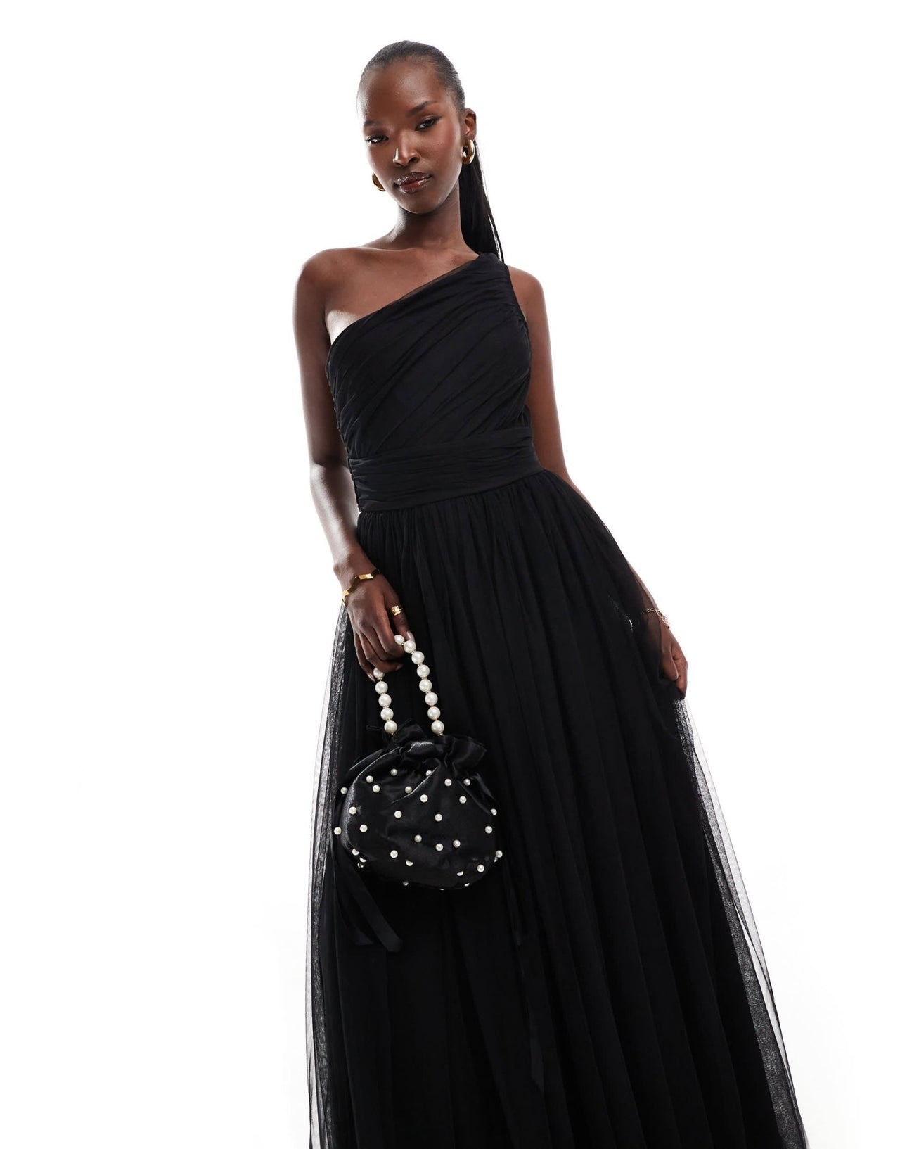 Lace & Beads Bridesmaid one shoulder tulle maxi dress in black - ASOS Sample Sale