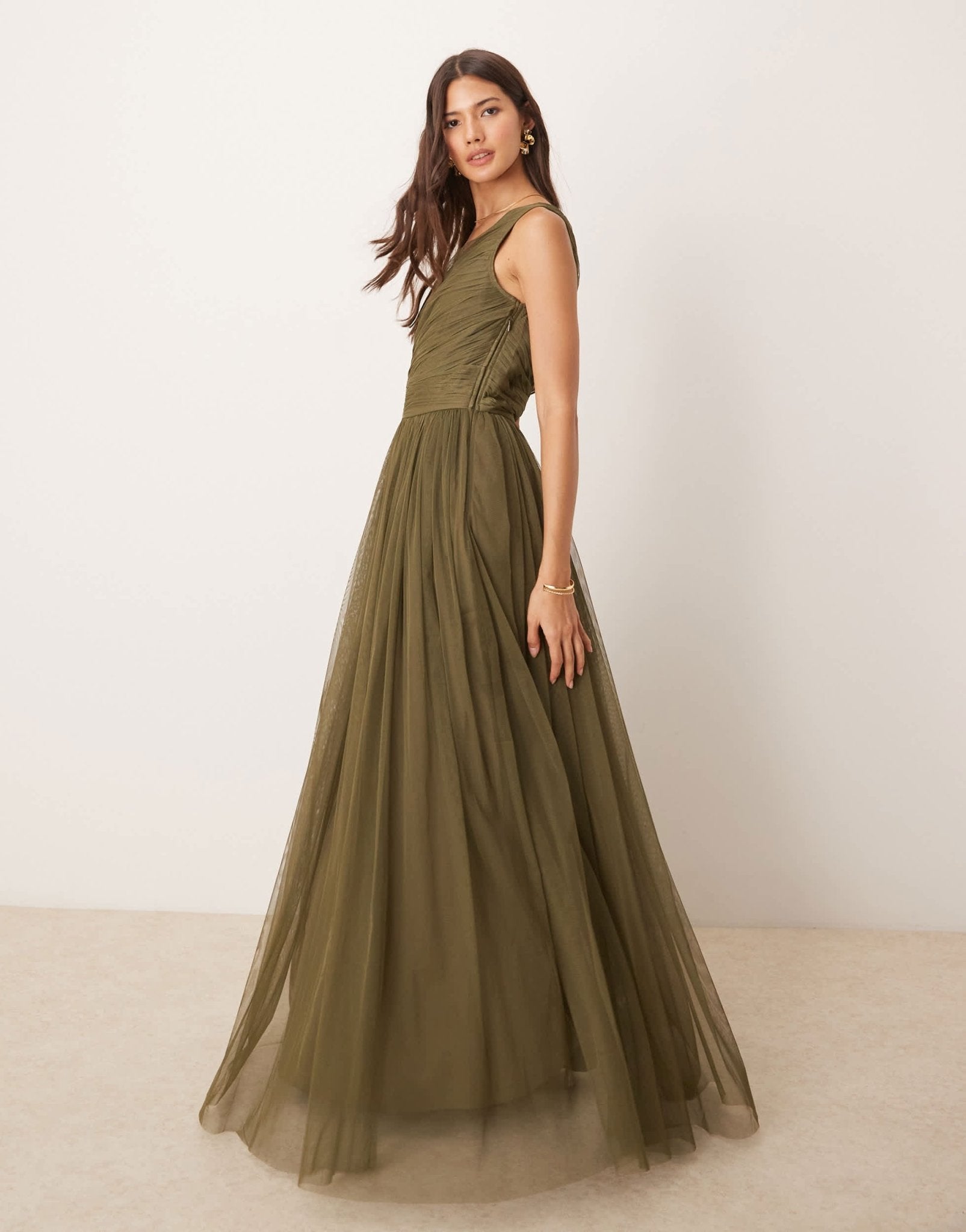 Lace & Beads Bridesmaid one shoulder tulle maxi dress in deep olive - ASOS Sample Sale