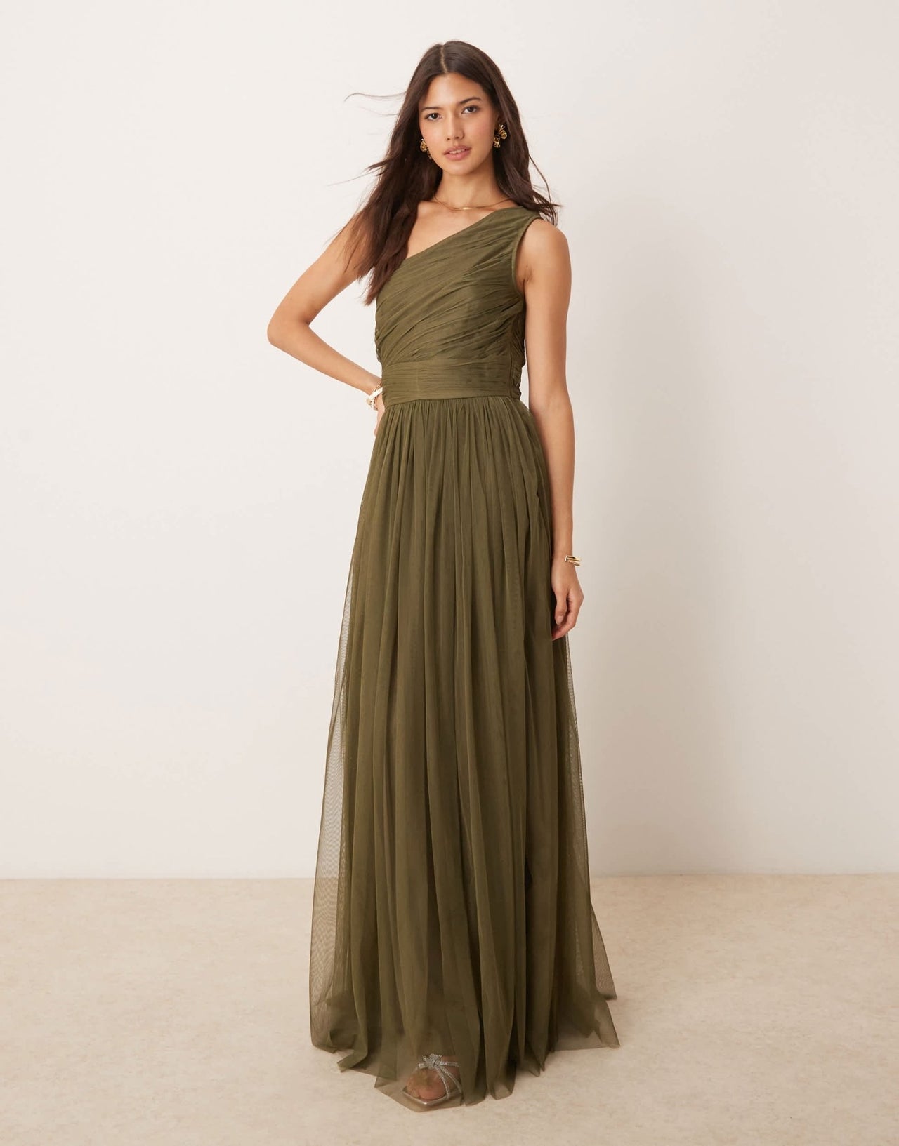 Lace & Beads Bridesmaid one shoulder tulle maxi dress in deep olive - ASOS Sample Sale