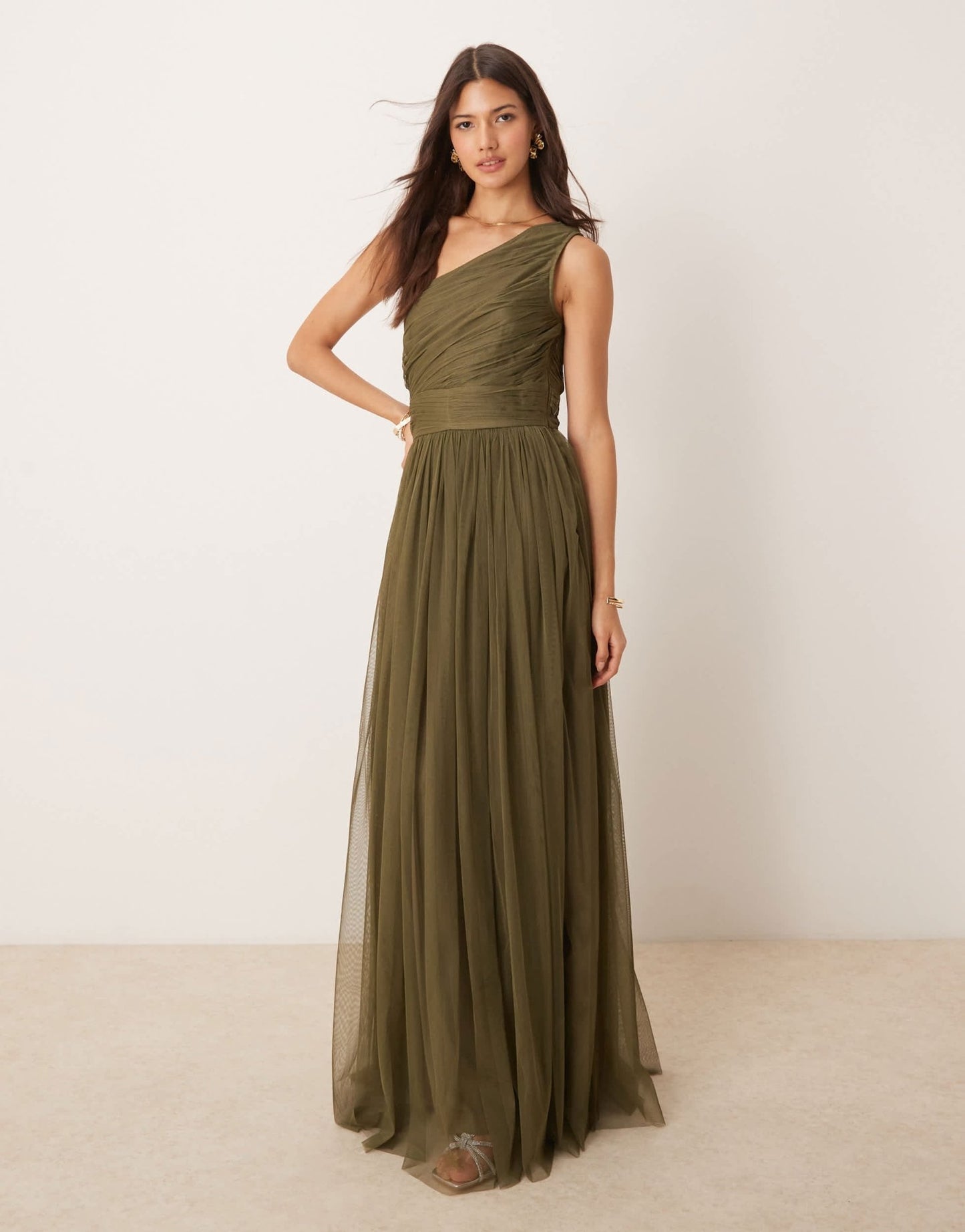 Lace & Beads Bridesmaid one shoulder tulle maxi dress in deep olive - ASOS Sample Sale