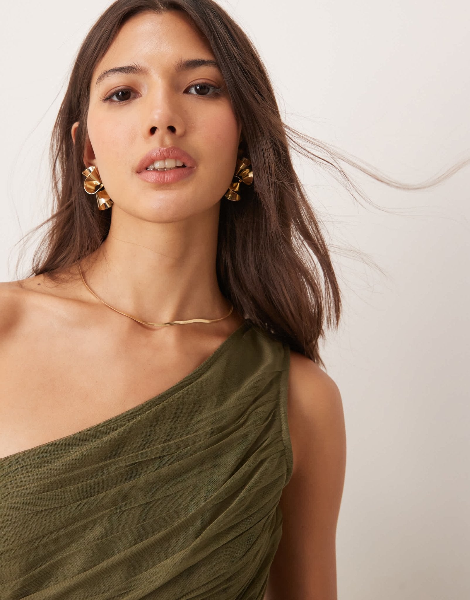 Lace & Beads Bridesmaid one shoulder tulle maxi dress in deep olive - ASOS Sample Sale