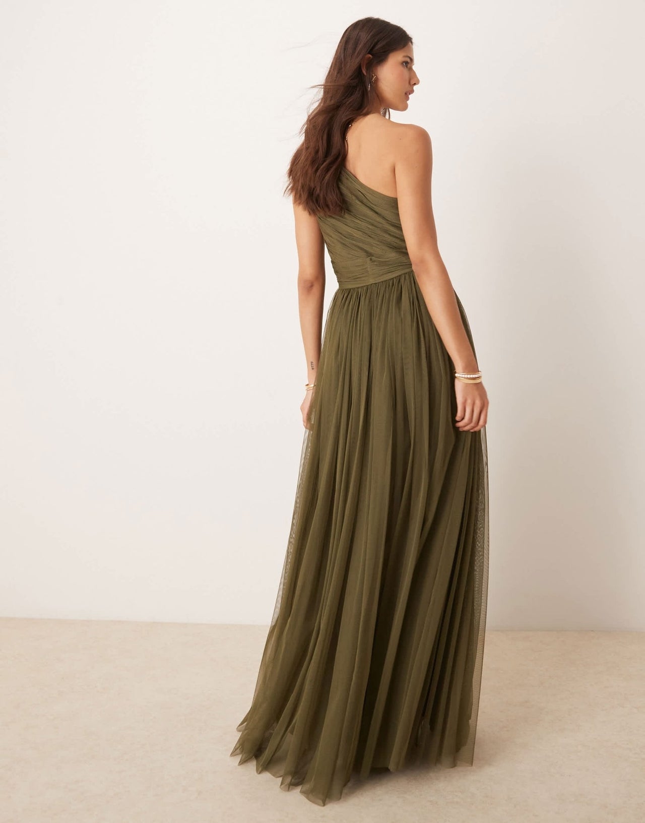 Lace & Beads Bridesmaid one shoulder tulle maxi dress in deep olive - ASOS Sample Sale