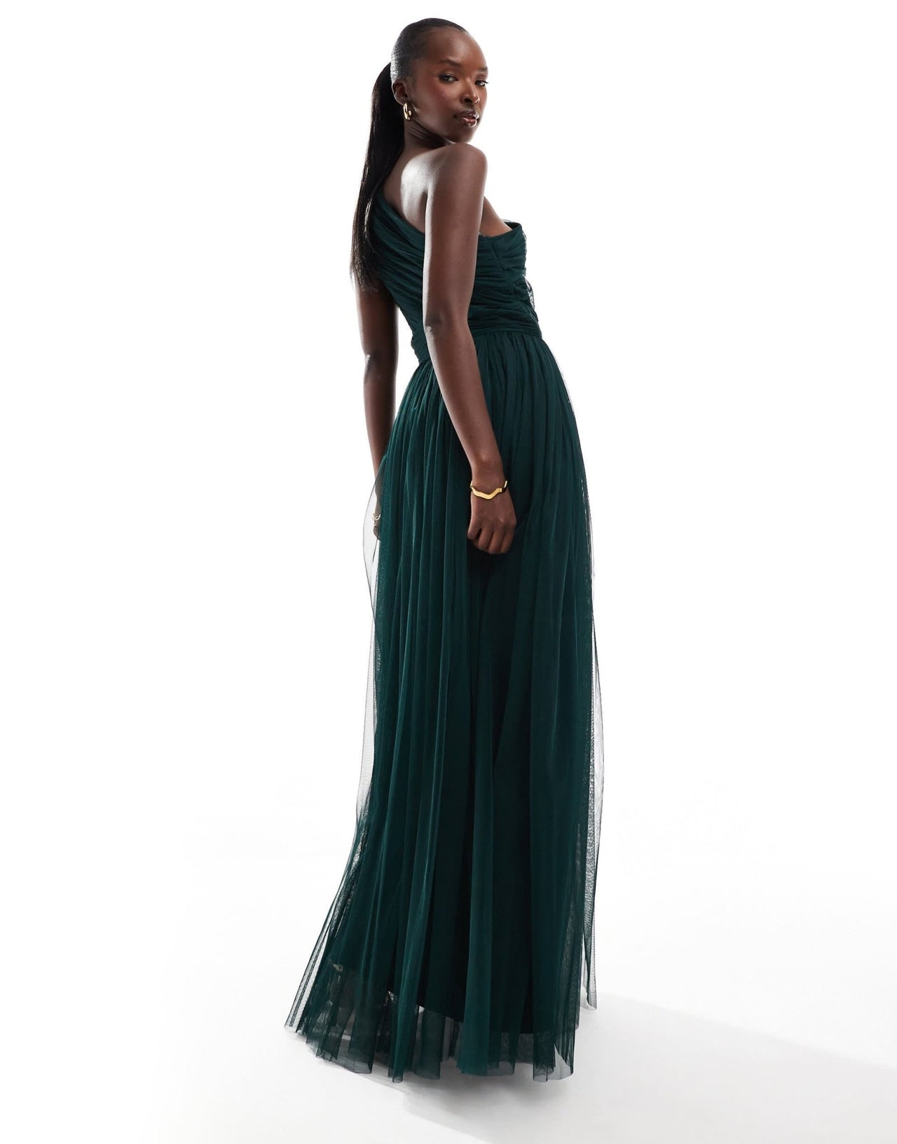 Lace & Beads Bridesmaid one shoulder tulle maxi dress in emerald - ASOS Sample Sale