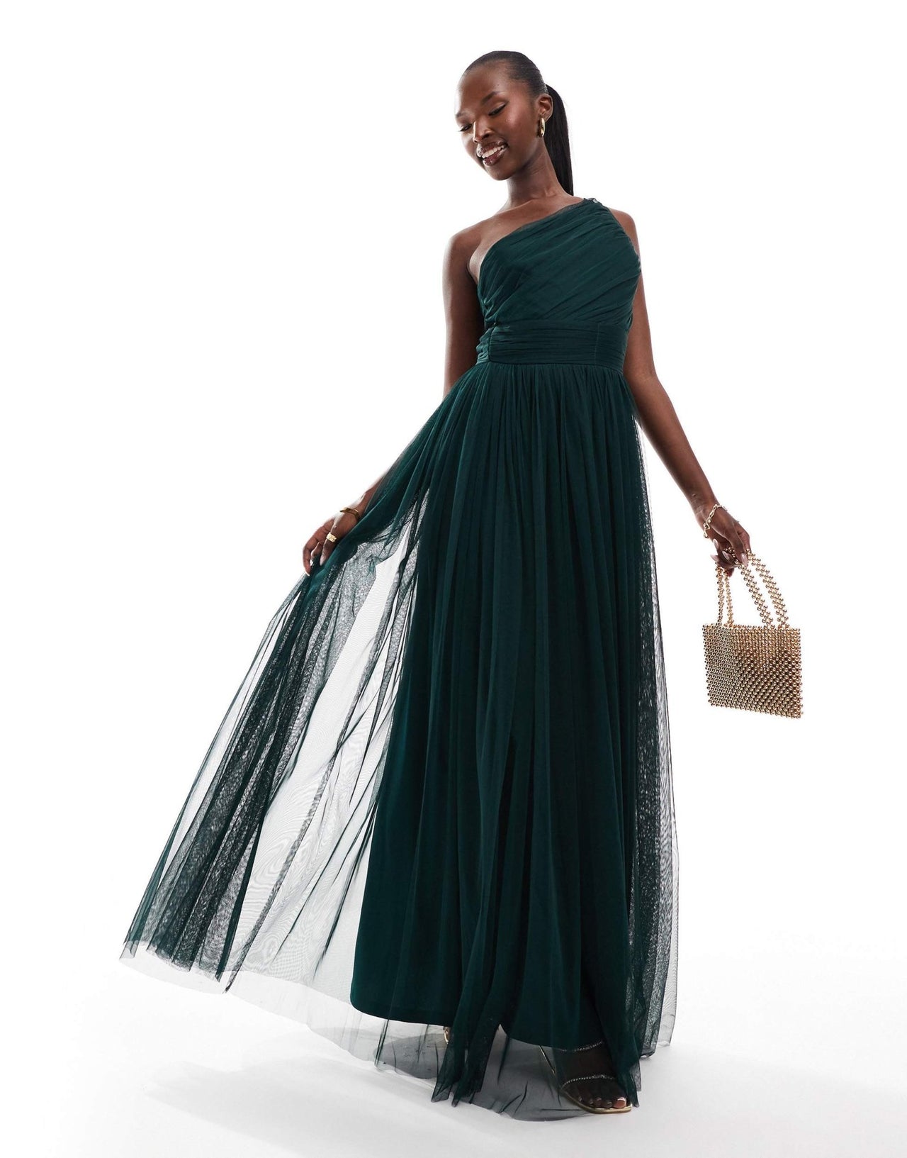 Lace & Beads Bridesmaid one shoulder tulle maxi dress in emerald - ASOS Sample Sale