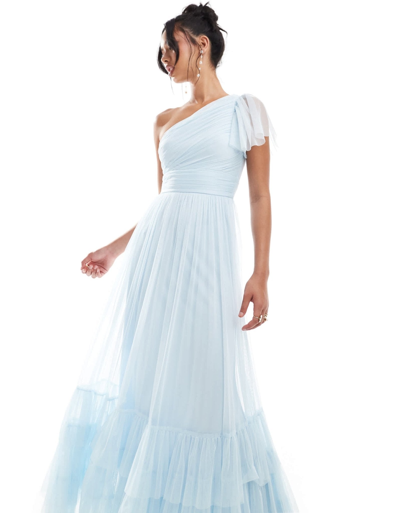 Lace & Beads Bridesmaid one shoulder tulle maxi dress in sky blue - ASOS Sample Sale