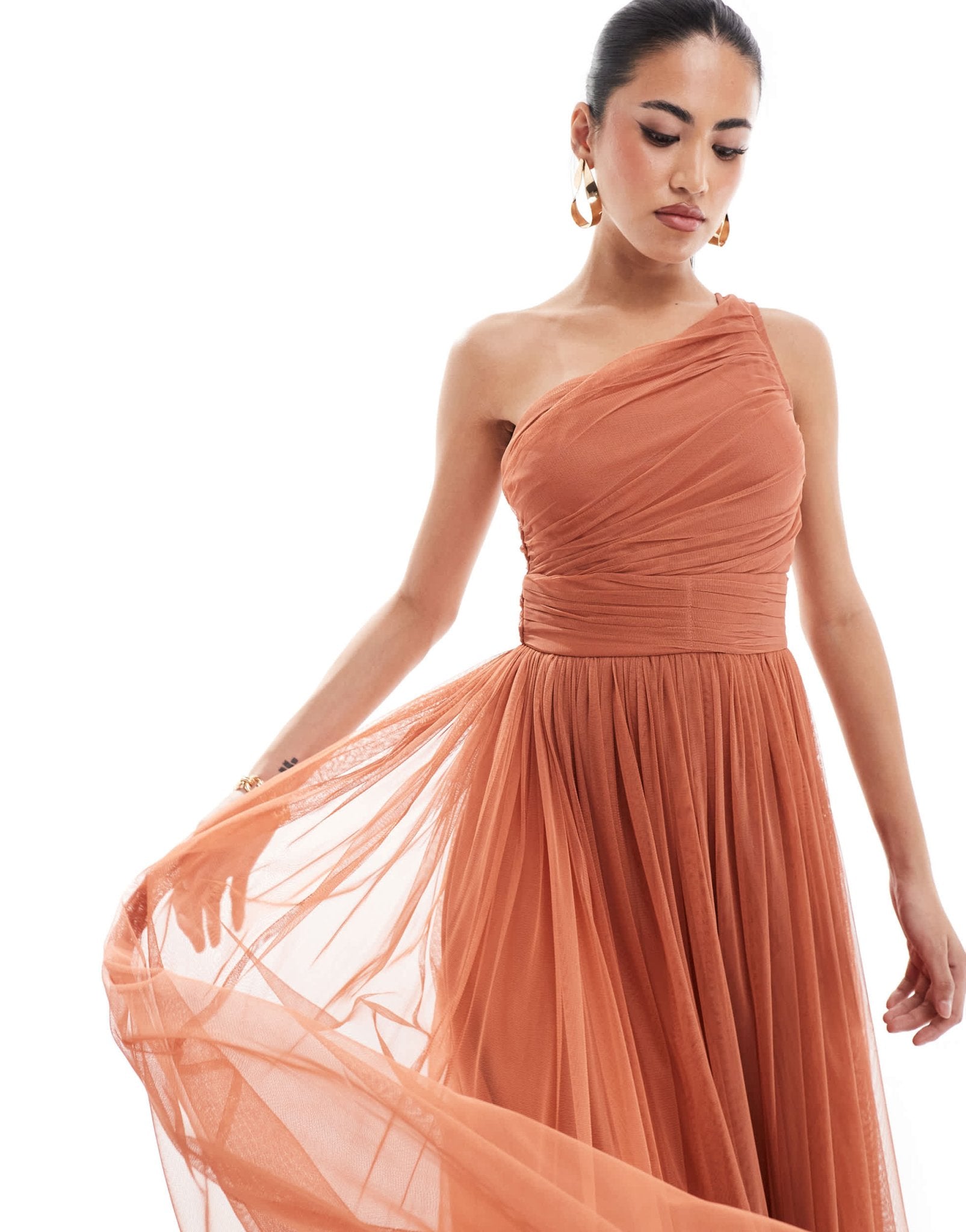 Lace & Beads Bridesmaid one shoulder tulle maxi dress in terracotta rose - ASOS Sample Sale