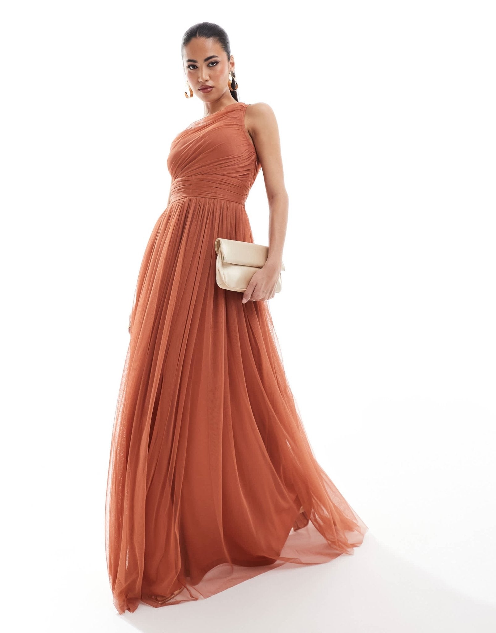 Lace & Beads Bridesmaid one shoulder tulle maxi dress in terracotta rose - ASOS Sample Sale