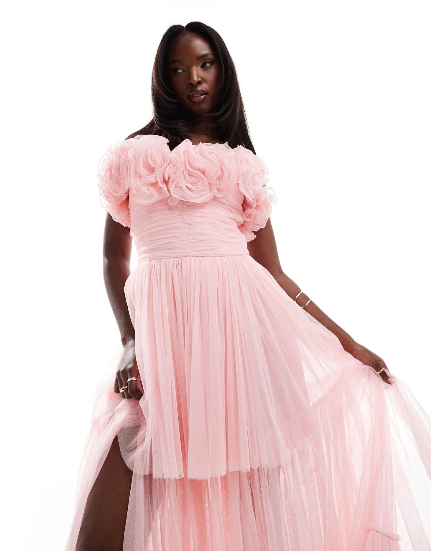 Lace & Beads corsage tulle maxi dress in powder pink - ASOS Sample Sale
