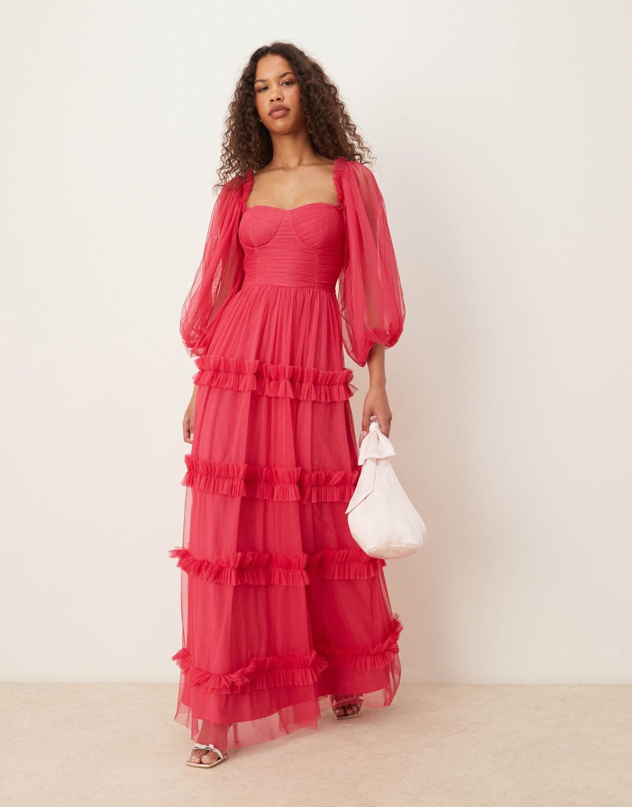 Lace & Beads corset balloon sleeve ruffle maxi dress in bright fuchsia - ASOS Sample Sale