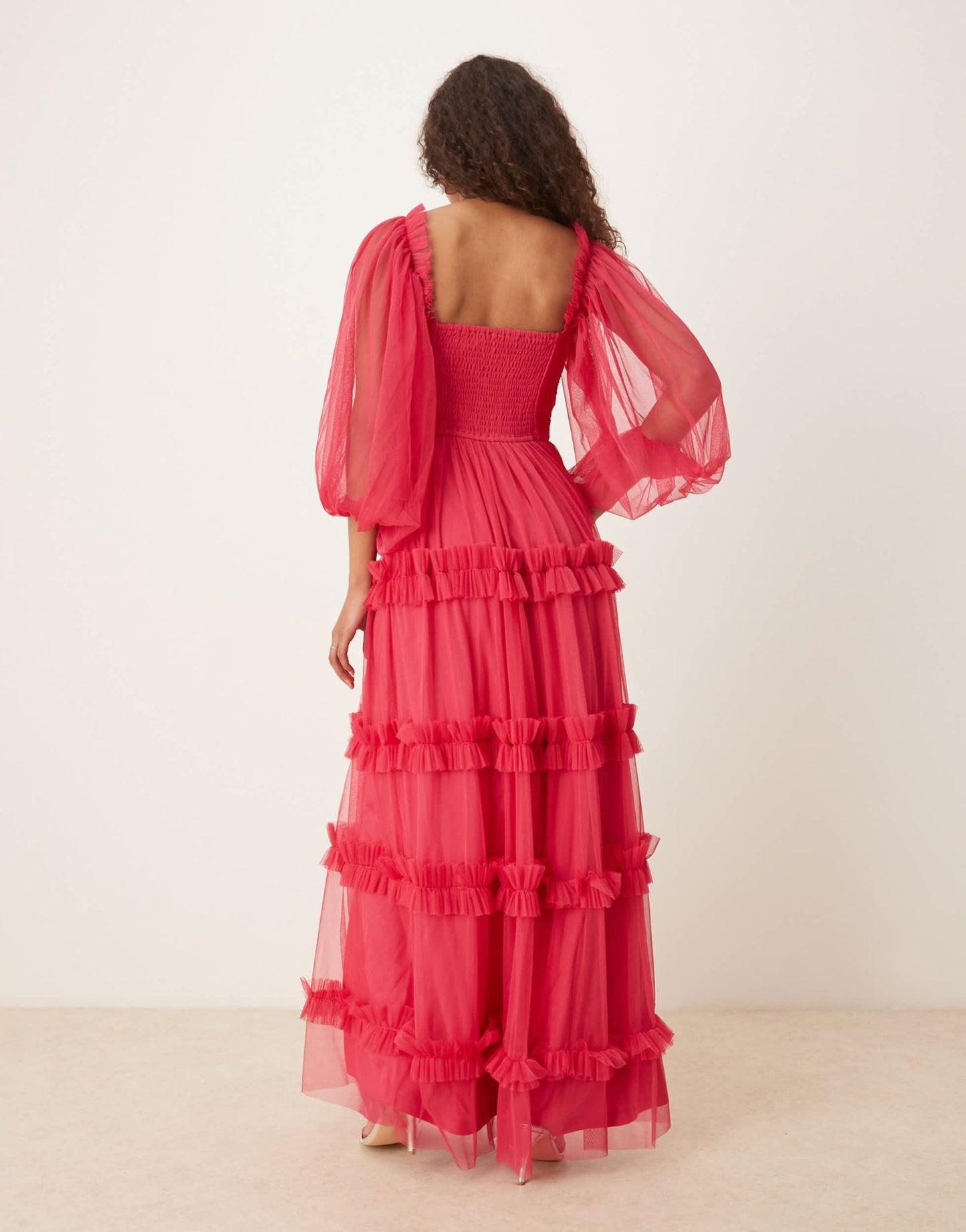 Lace & Beads corset balloon sleeve ruffle maxi dress in bright fuchsia - ASOS Sample Sale