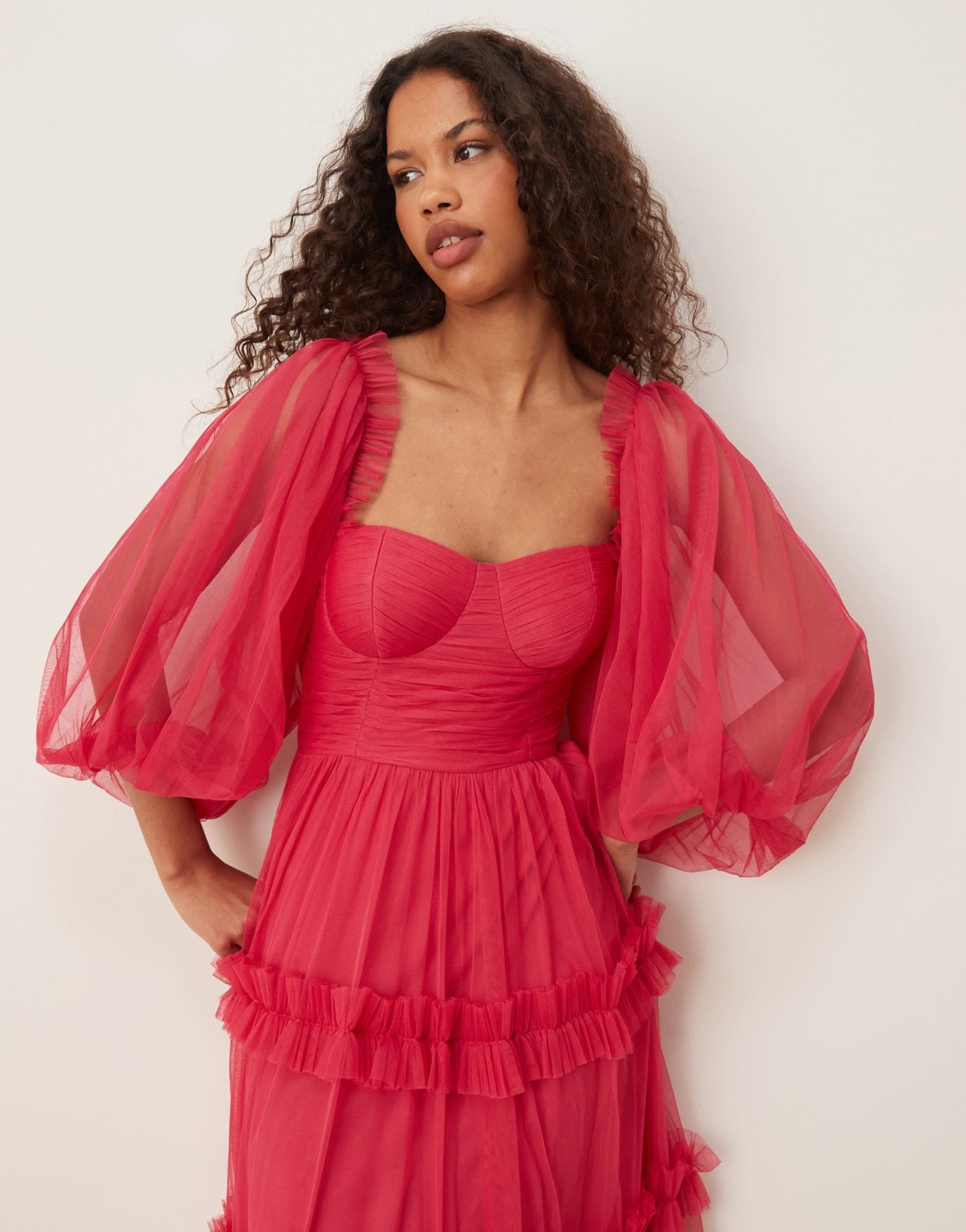 Lace & Beads corset balloon sleeve ruffle maxi dress in bright fuchsia - ASOS Sample Sale