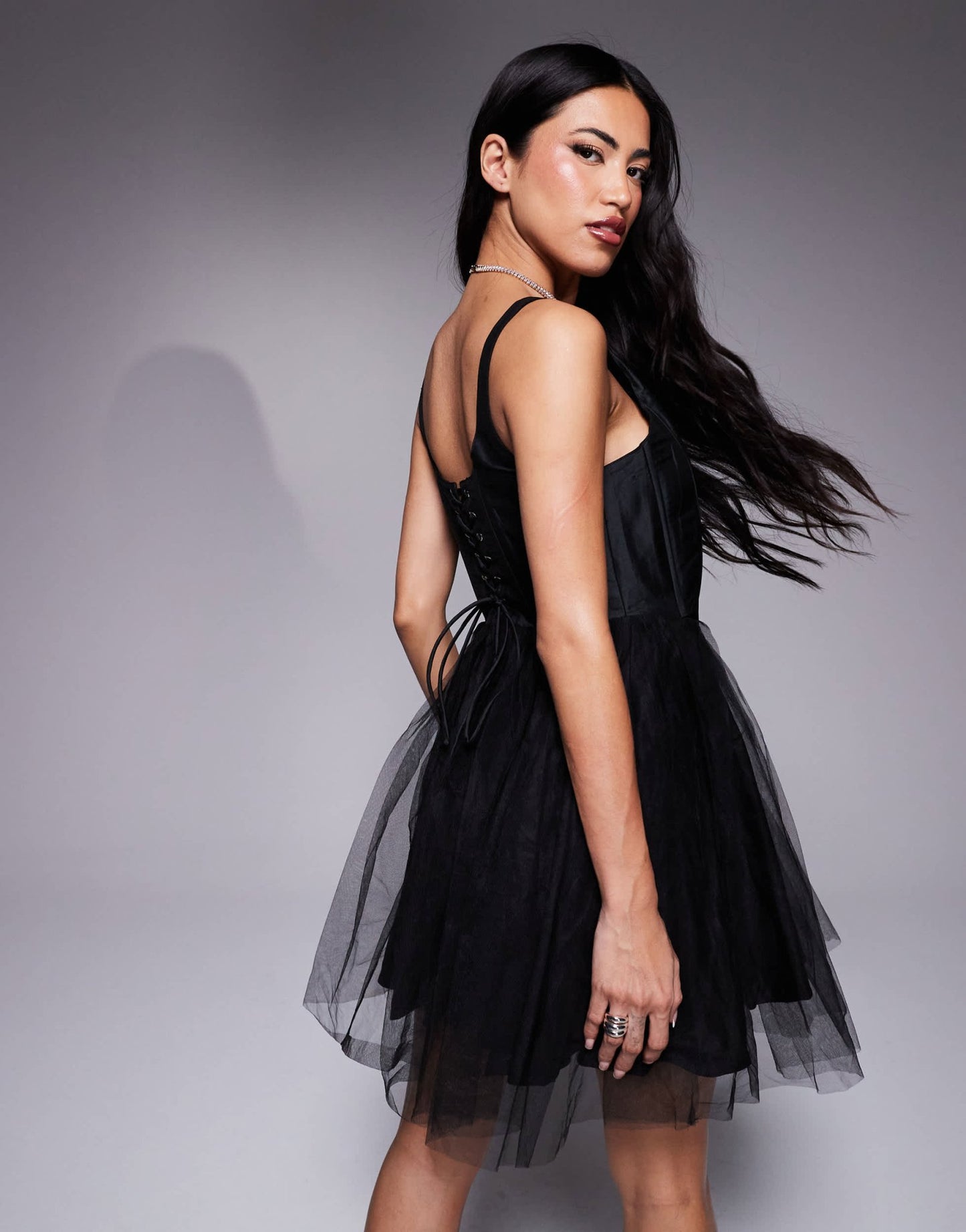 Lace & Beads corset drop waist tulle mini dress in black - ASOS Sample Sale