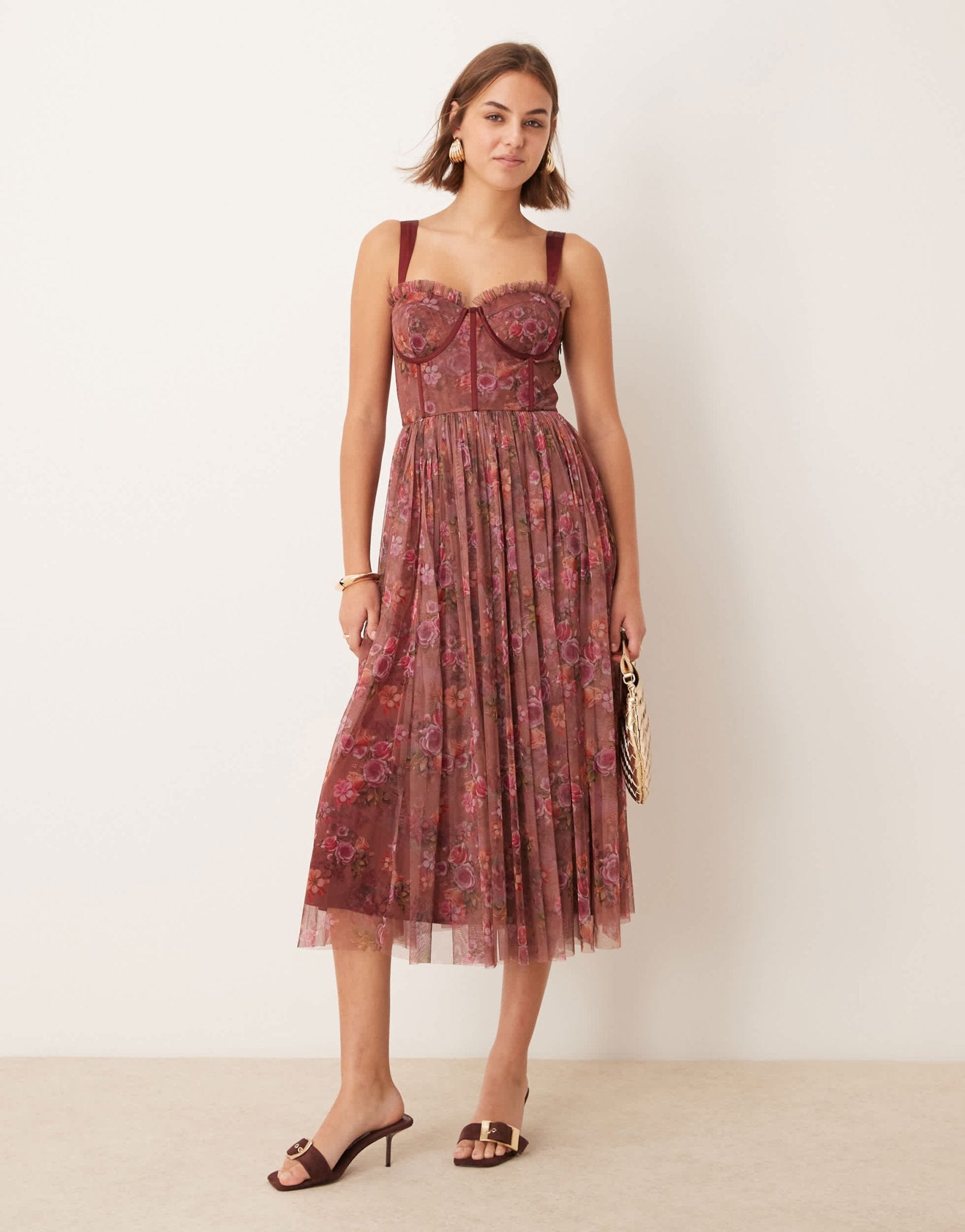 Lace & Beads corset tulle midaxi dress in purple floral - ASOS Sample Sale