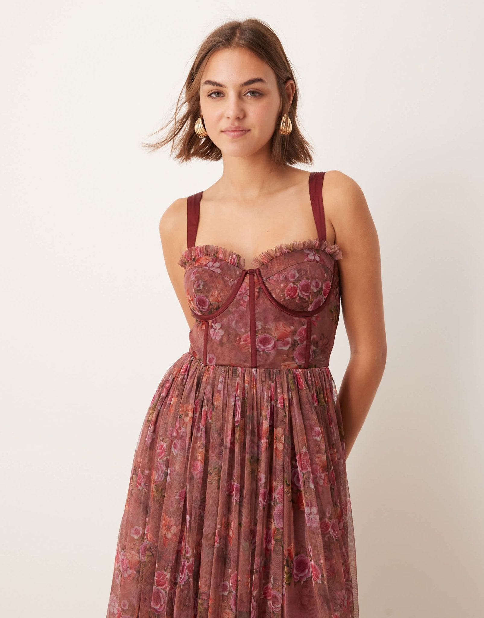 Lace & Beads corset tulle midaxi dress in purple floral - ASOS Sample Sale