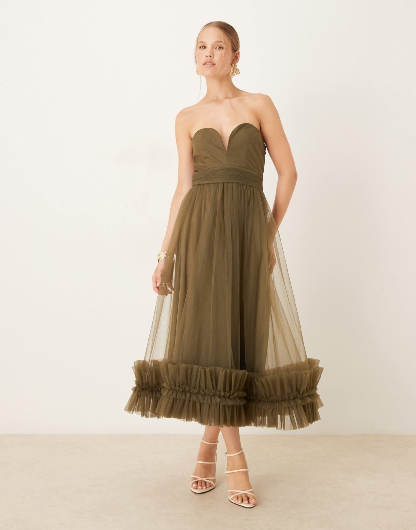 Lace & Beads corset tulle ruffle hem midaxi dress in deep olive - ASOS Sample Sale