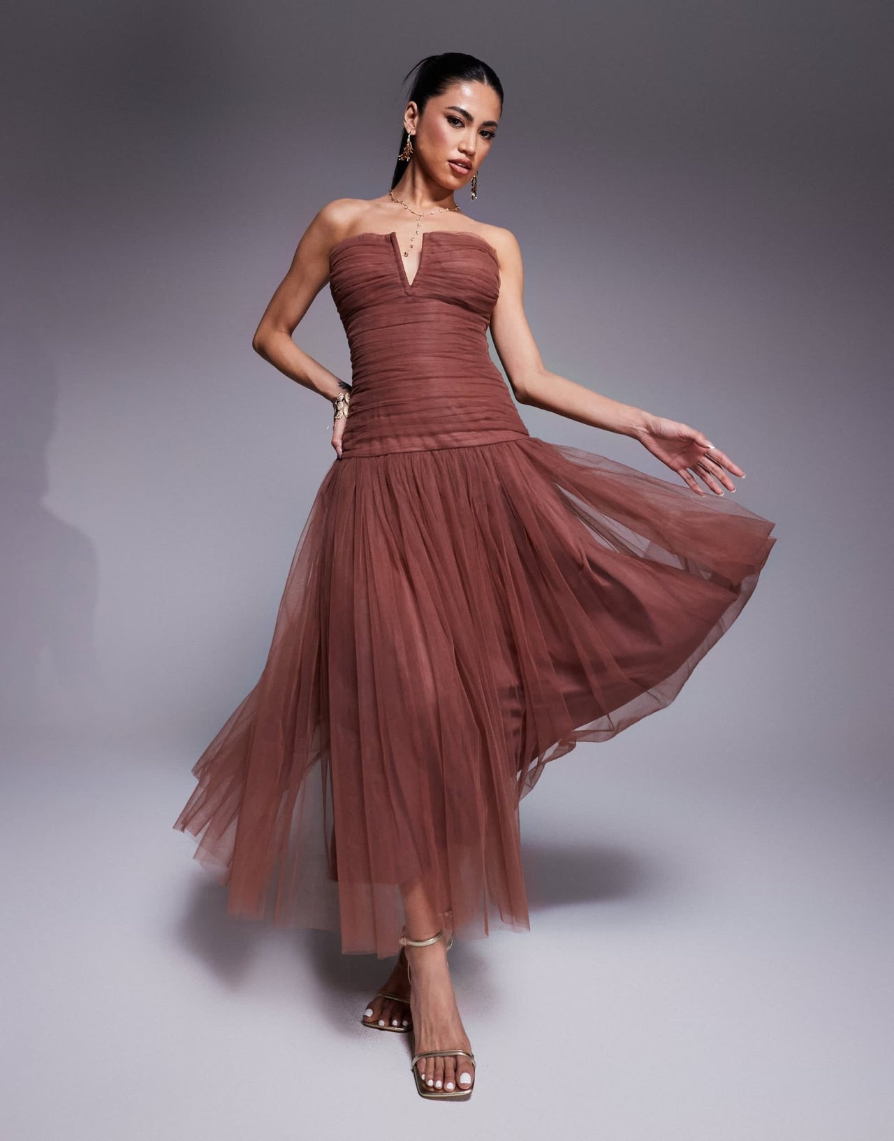 Lace & Beads drop hem tulle maxi dress in rose brown - ASOS Sample Sale