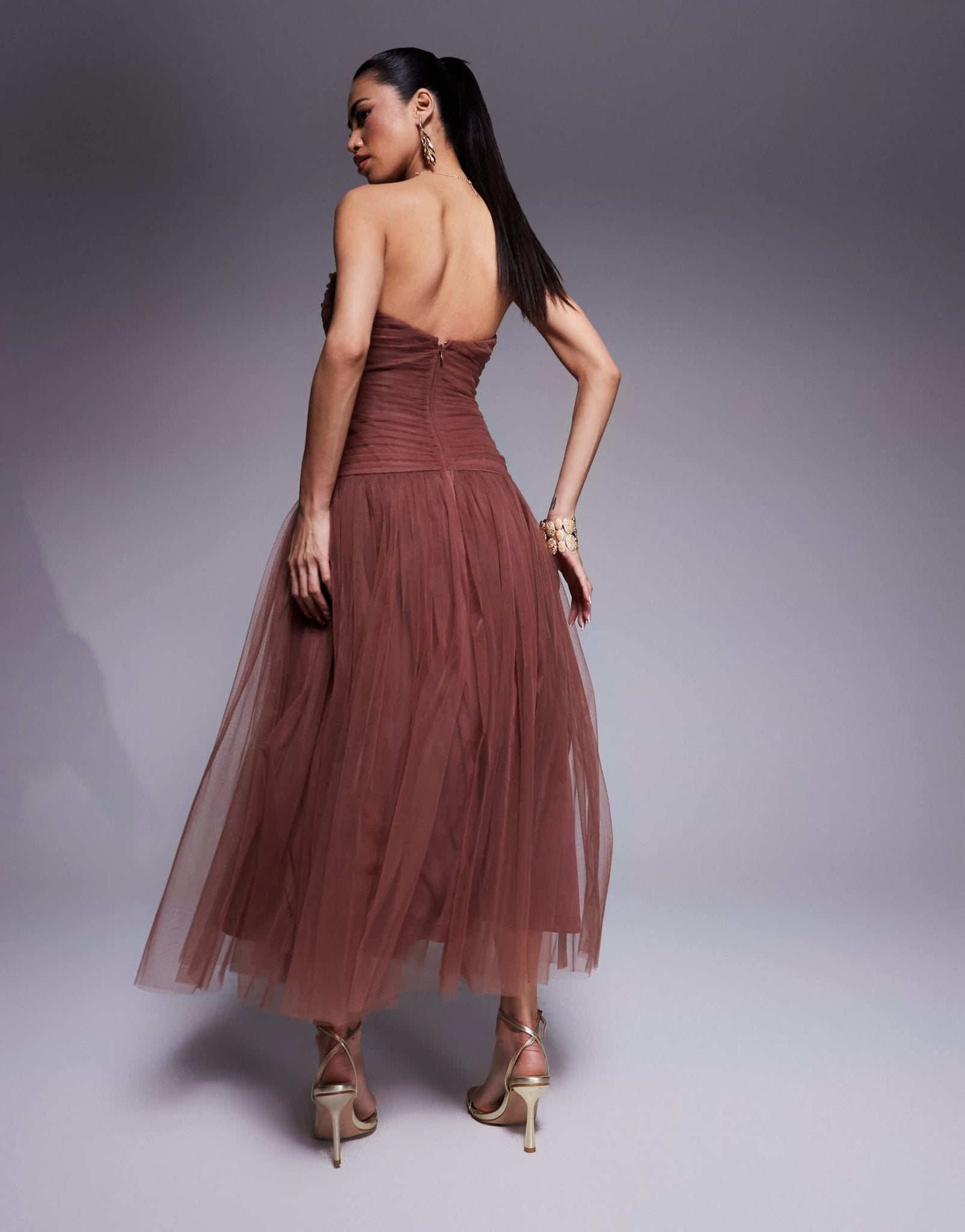 Lace & Beads drop hem tulle maxi dress in rose brown - ASOS Sample Sale