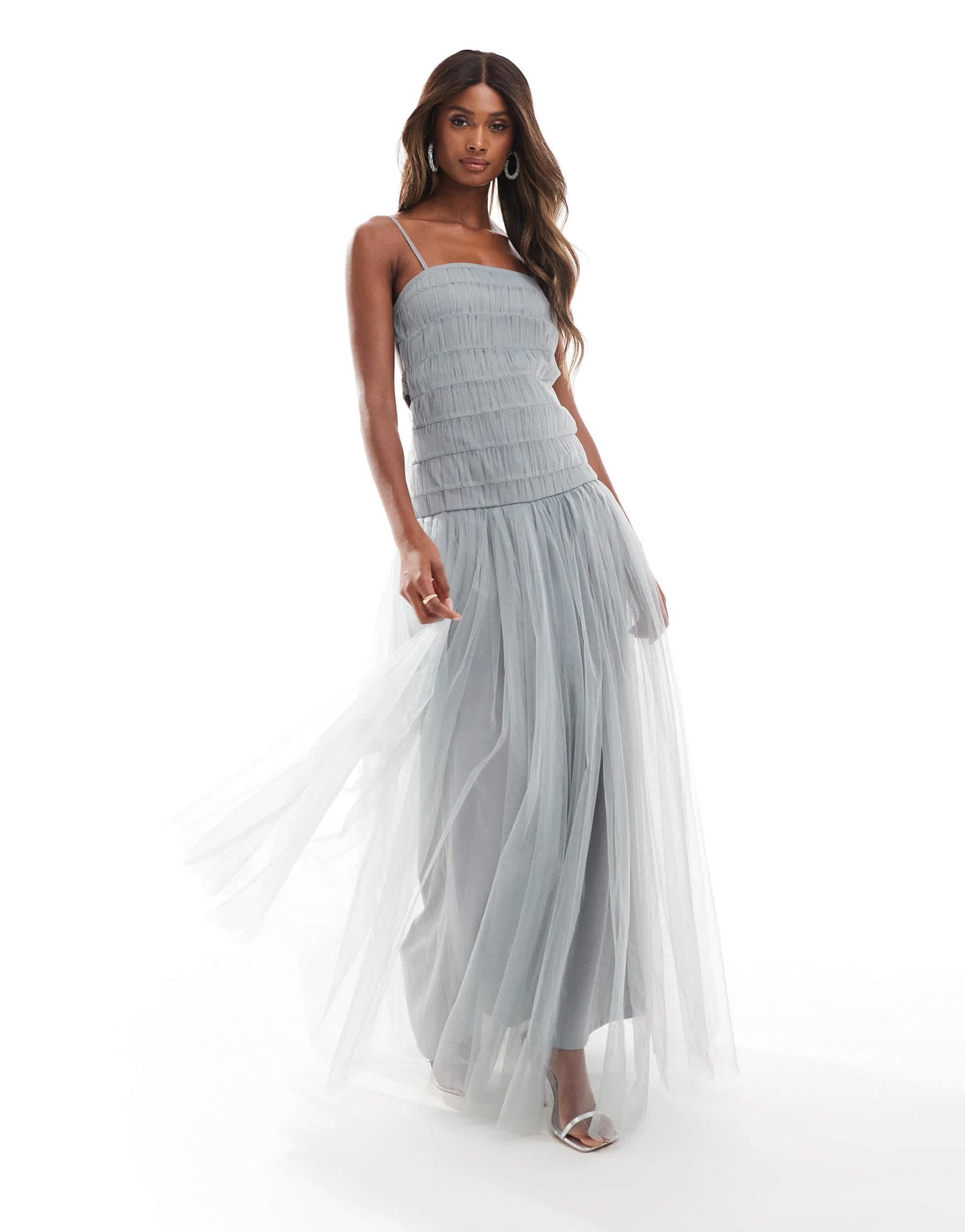 Lace & Beads drop waist tulle maxi dress in grey - ASOS Sample Sale