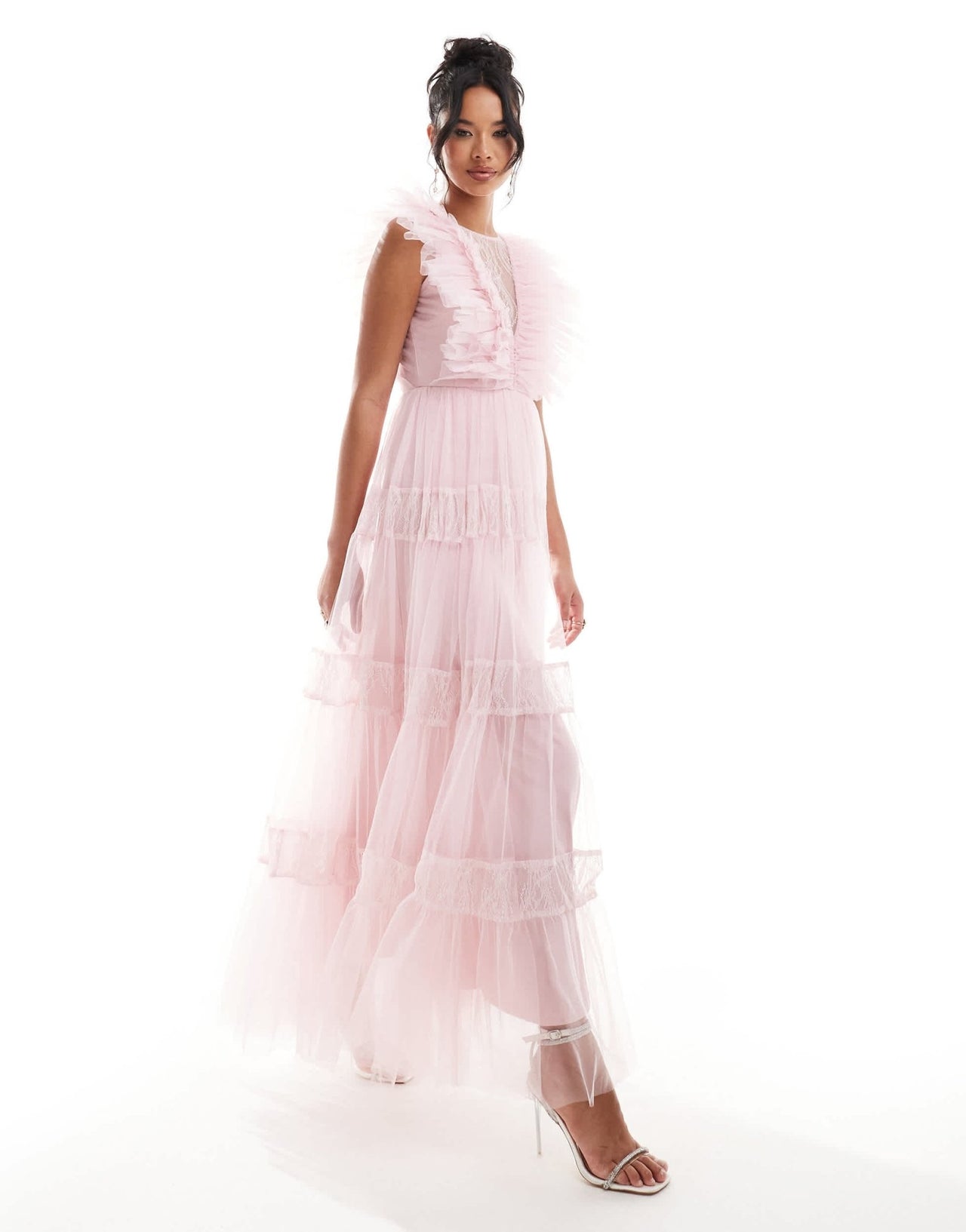 Lace & Beads lace insert tulle maxi dress in baby pink - ASOS Sample Sale