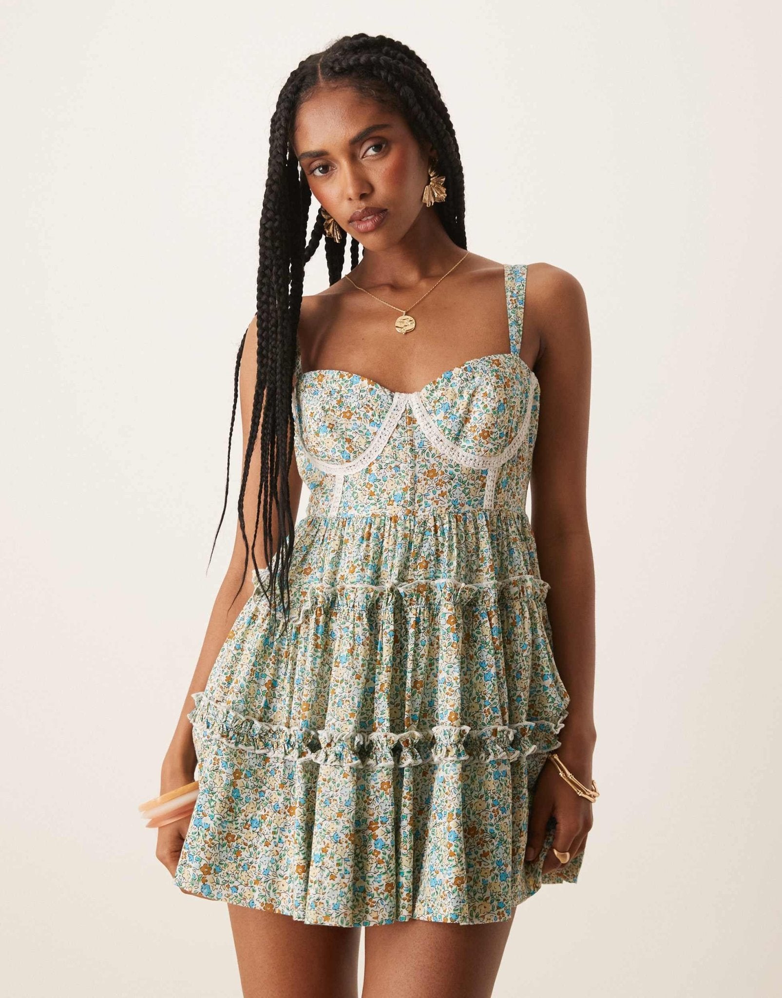 Lace & Beads lace trim corset ruffle mini dress in ditsy floral - ASOS Sample Sale