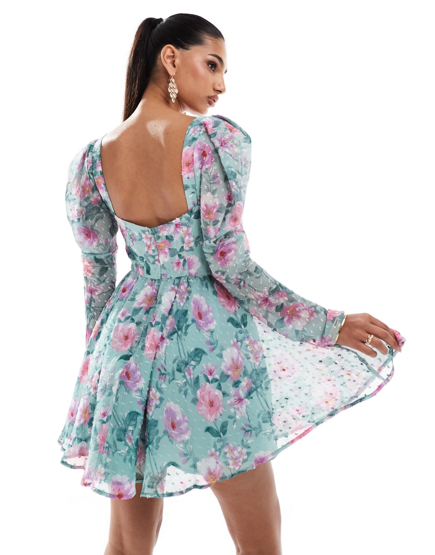 Lace & Beads long sleeve corset mini dress in green floral - ASOS Sample Sale