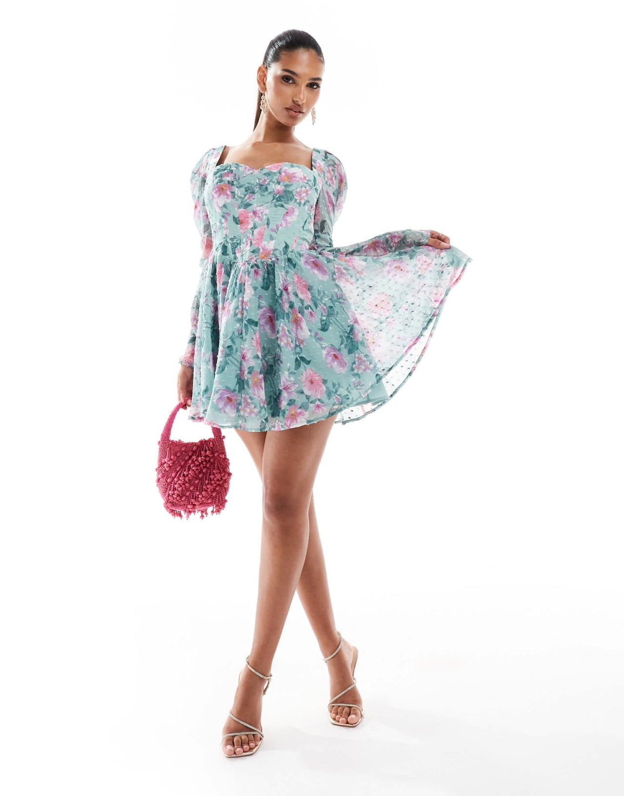 Lace & Beads long sleeve corset mini dress in green floral - ASOS Sample Sale
