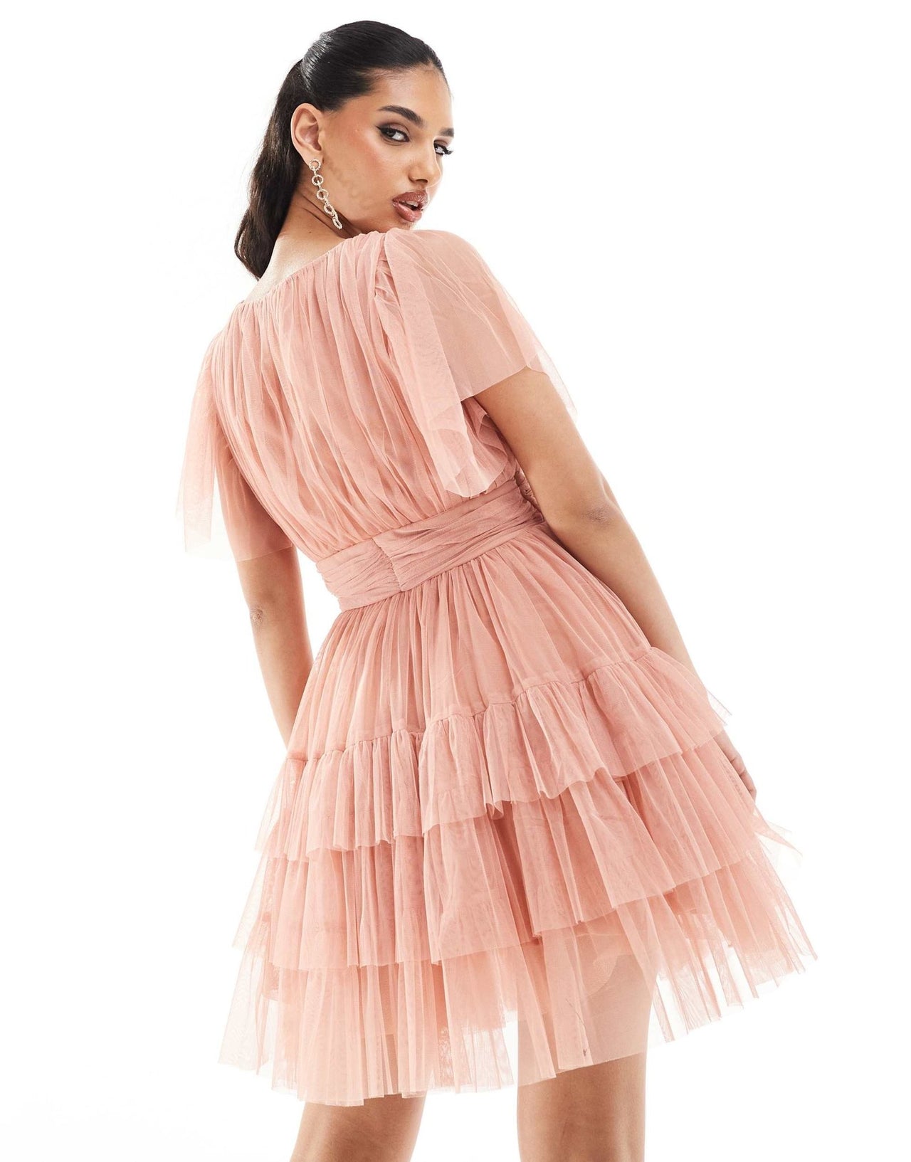 Lace & Beads Madison v neck tulle mini dress in rose blush - ASOS Sample Sale