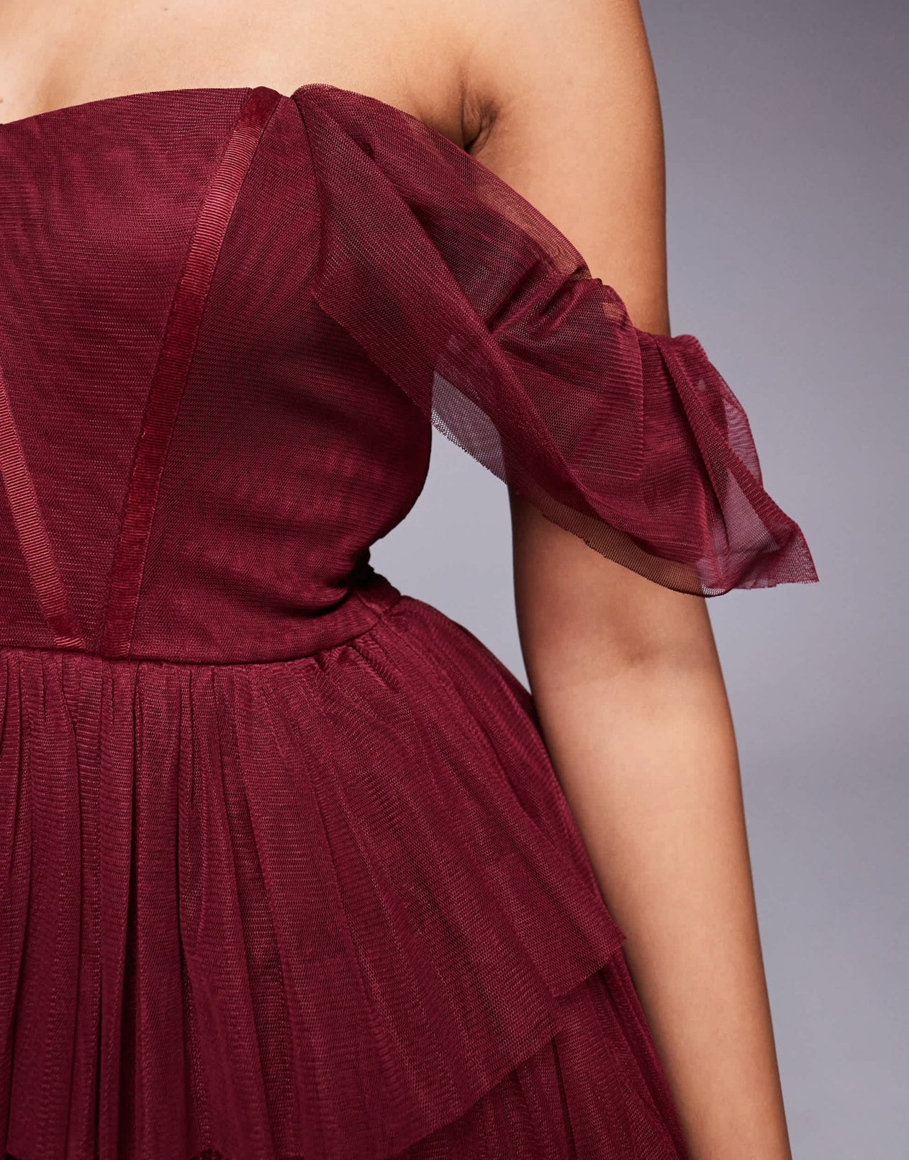 Lace & Beads off shoulder corset tulle mini dress in burgundy - ASOS Sample Sale