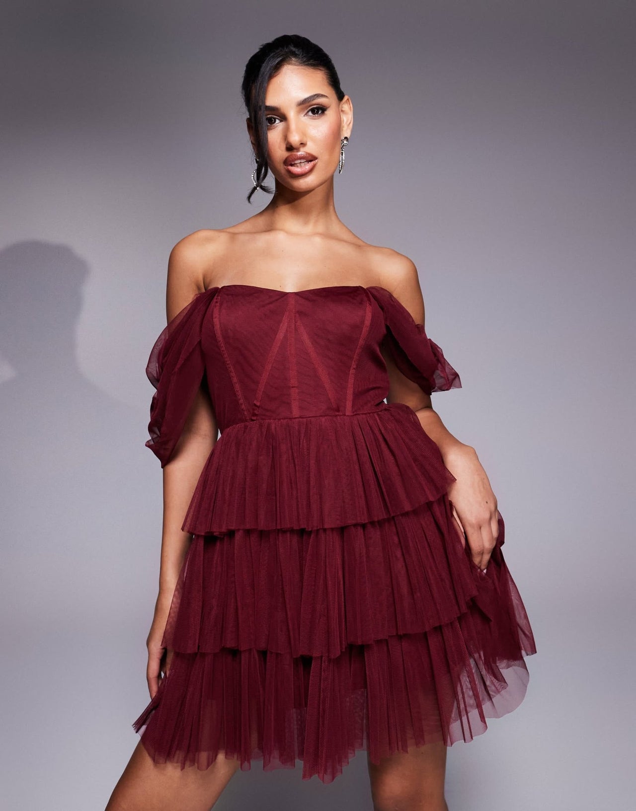 Lace & Beads off shoulder corset tulle mini dress in burgundy - ASOS Sample Sale