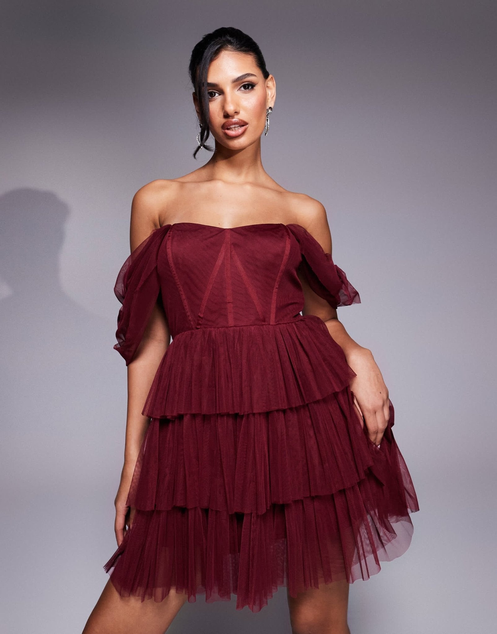 Lace & Beads off shoulder corset tulle mini dress in burgundy - ASOS Sample Sale