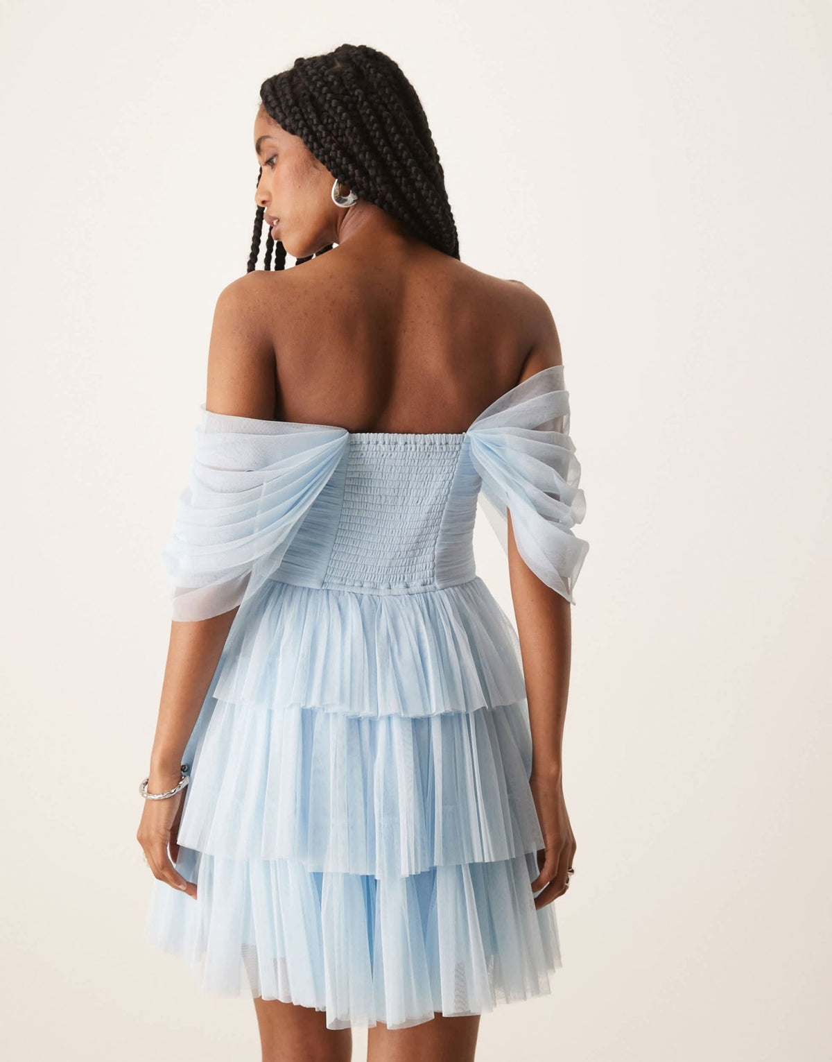 Lace & Beads off shoulder corset tulle mini dress in sky blue - ASOS Sample Sale