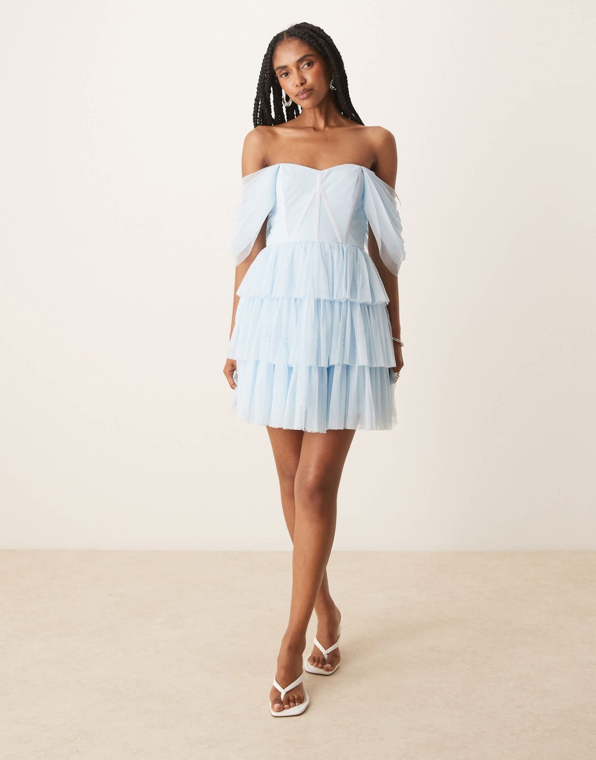 Lace & Beads off shoulder corset tulle mini dress in sky blue - ASOS Sample Sale