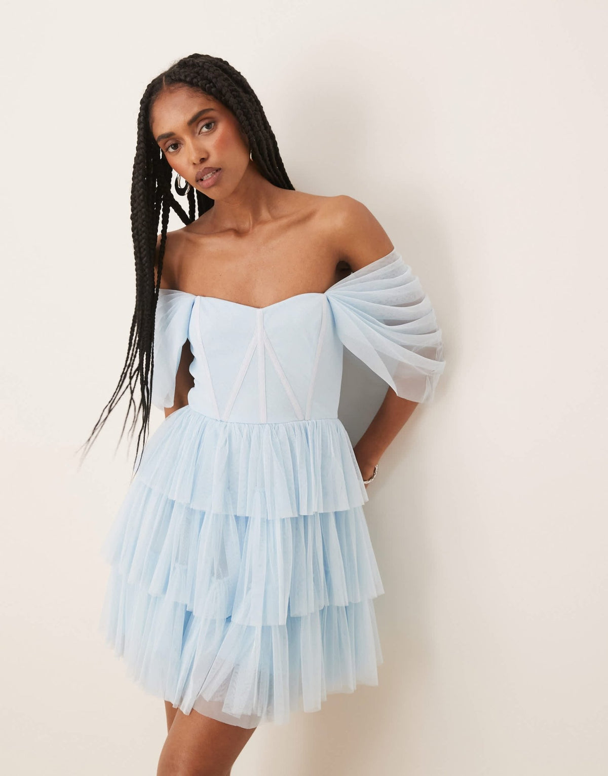 Lace & Beads off shoulder corset tulle mini dress in sky blue - ASOS Sample Sale