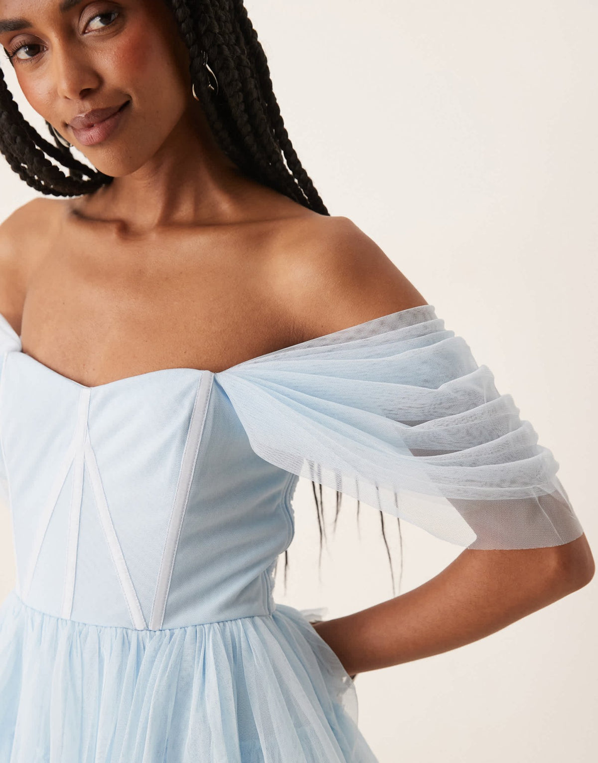 Lace & Beads off shoulder corset tulle mini dress in sky blue - ASOS Sample Sale