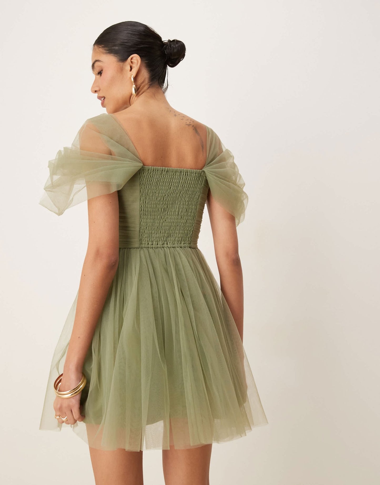 Lace & Beads off shoulder tulle mini dress in soft olive - ASOS Sample Sale