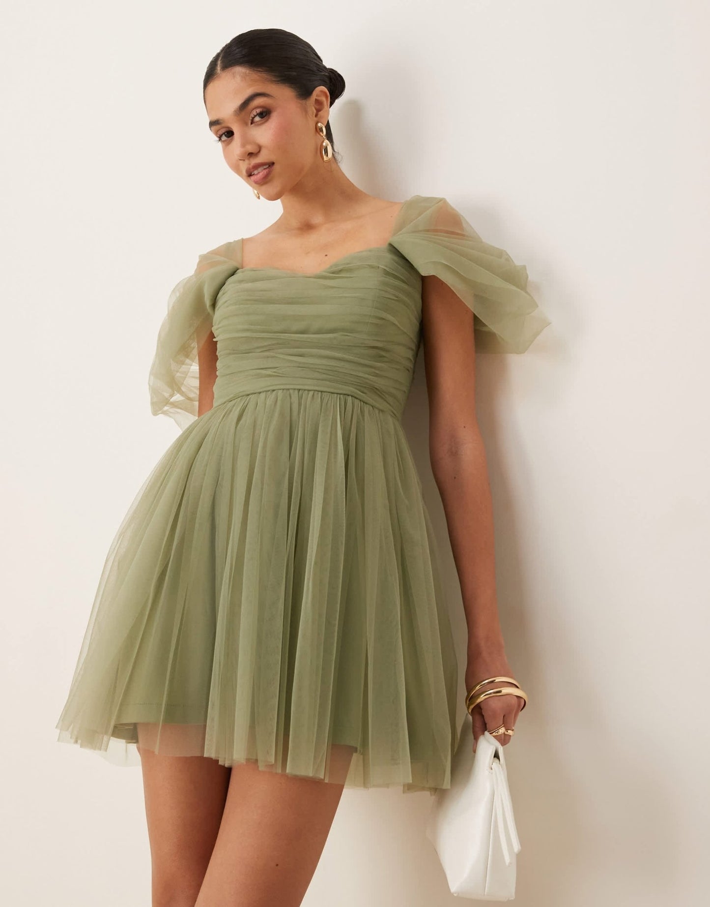 Lace & Beads off shoulder tulle mini dress in soft olive - ASOS Sample Sale