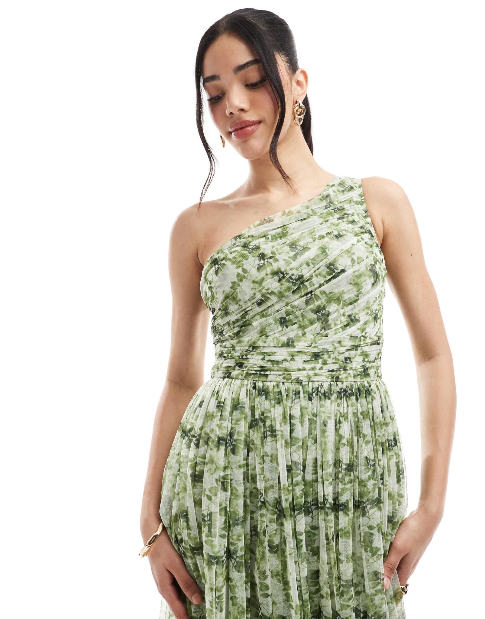 Lace & Beads one shoulder maxi dress in olive floral - ASOS Sample Sale