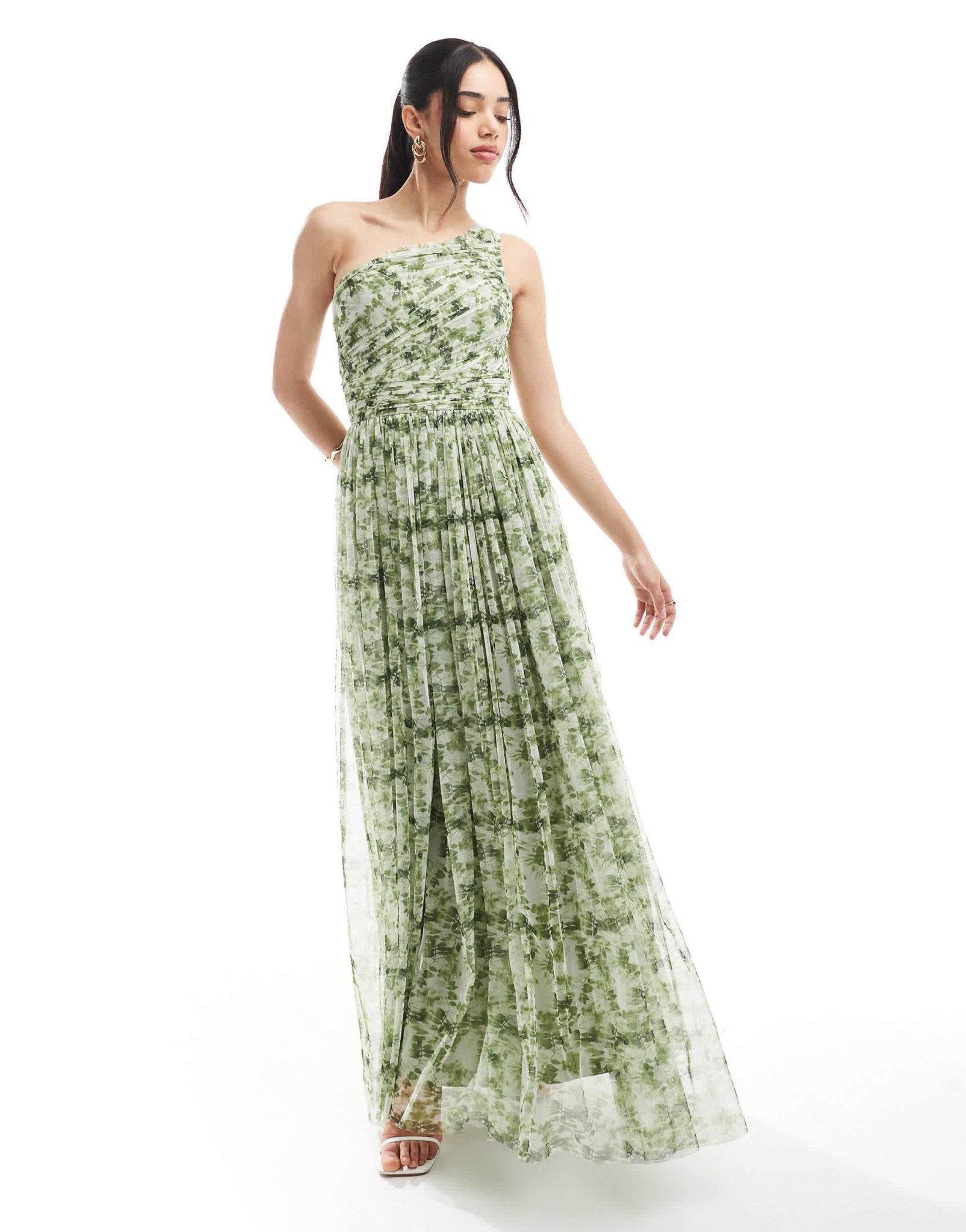 Lace & Beads one shoulder maxi dress in olive floral - ASOS Sample Sale