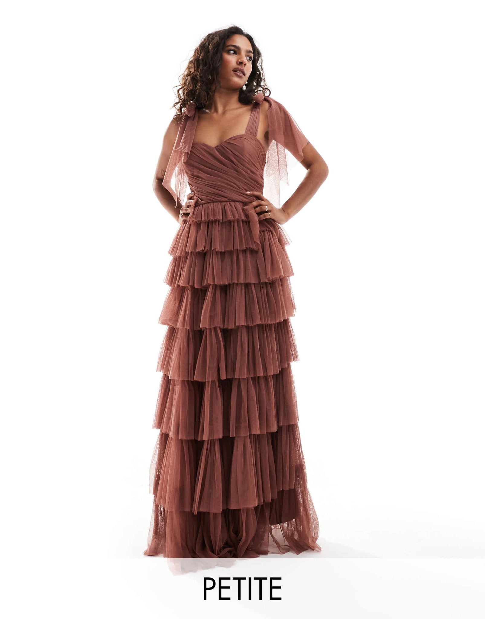 Lace & Beads Petite bow shoulder ruffle maxi dress in rose brown - ASOS Sample Sale