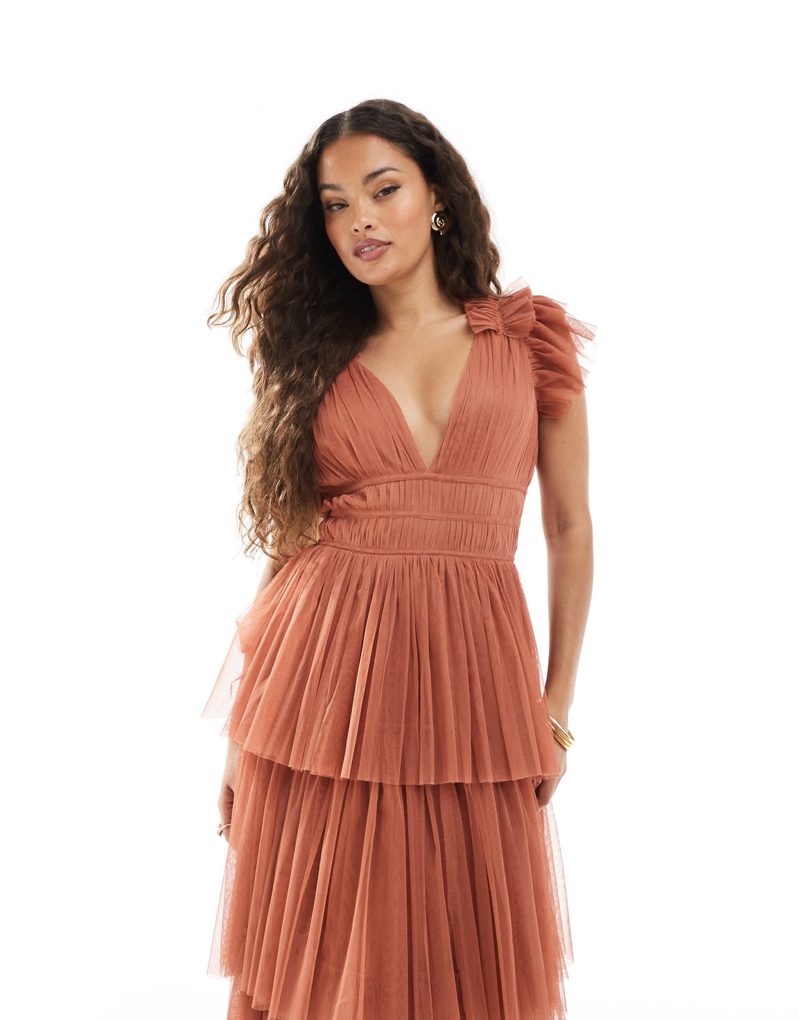 Lace & Beads Petite Bridesmaid ruffle tiered tulle maxi dress in terracotta rose - ASOS Sample Sale