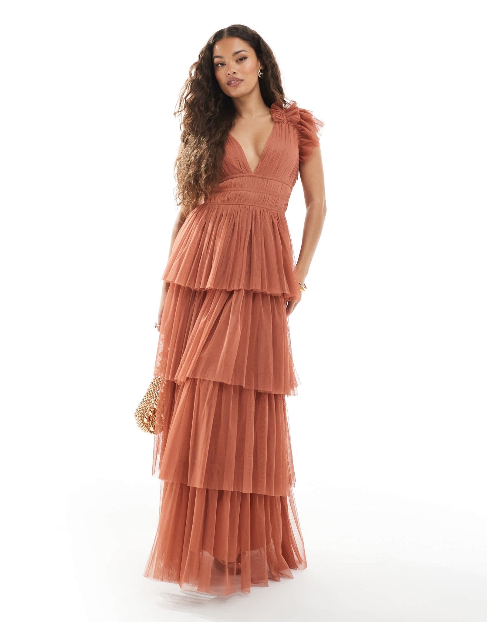 Lace & Beads Petite Bridesmaid ruffle tiered tulle maxi dress in terracotta rose - ASOS Sample Sale
