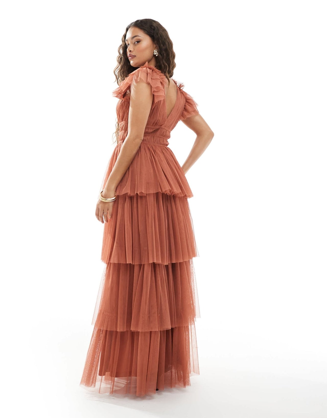Lace & Beads Petite Bridesmaid ruffle tiered tulle maxi dress in terracotta rose - ASOS Sample Sale