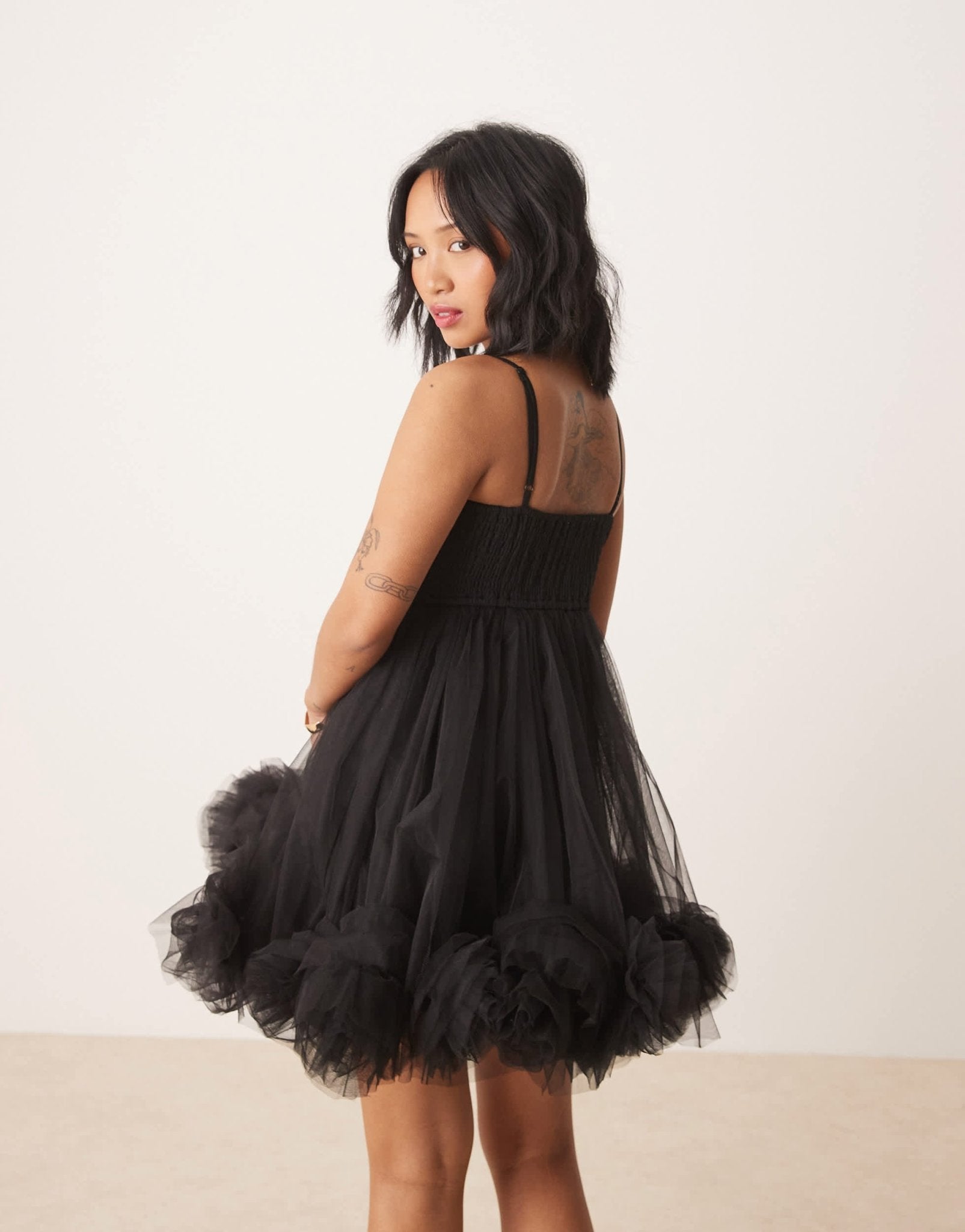 Lace & Beads Petite bubble hem babydoll micro mini dress in black - ASOS Sample Sale
