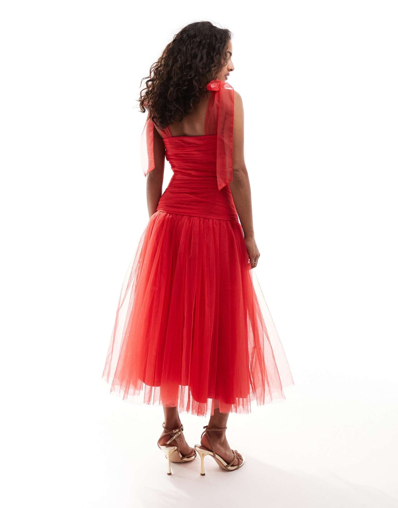 Lace & Beads Petite drop waist bow shoulder midaxi dress in red - ASOS Sample Sale